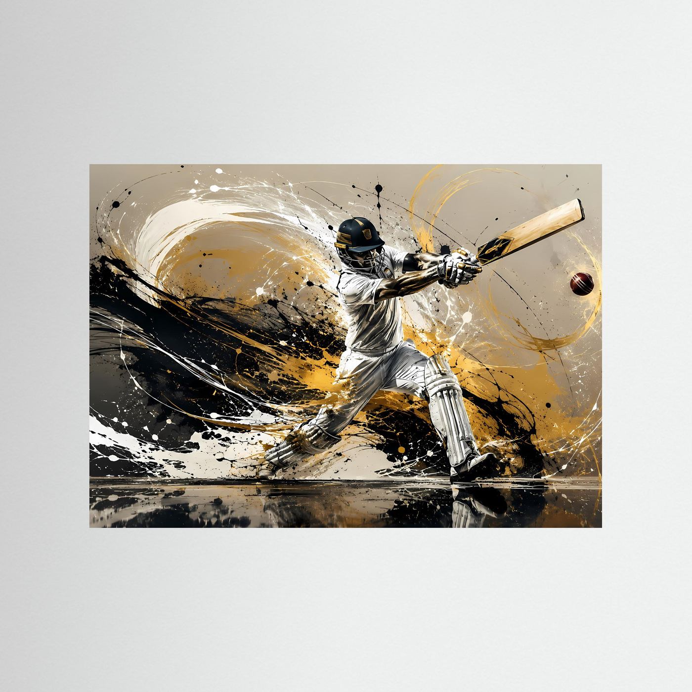 Cricket-Actionposter: Schlagender Spieler mit Spritz-Optik, Querformat