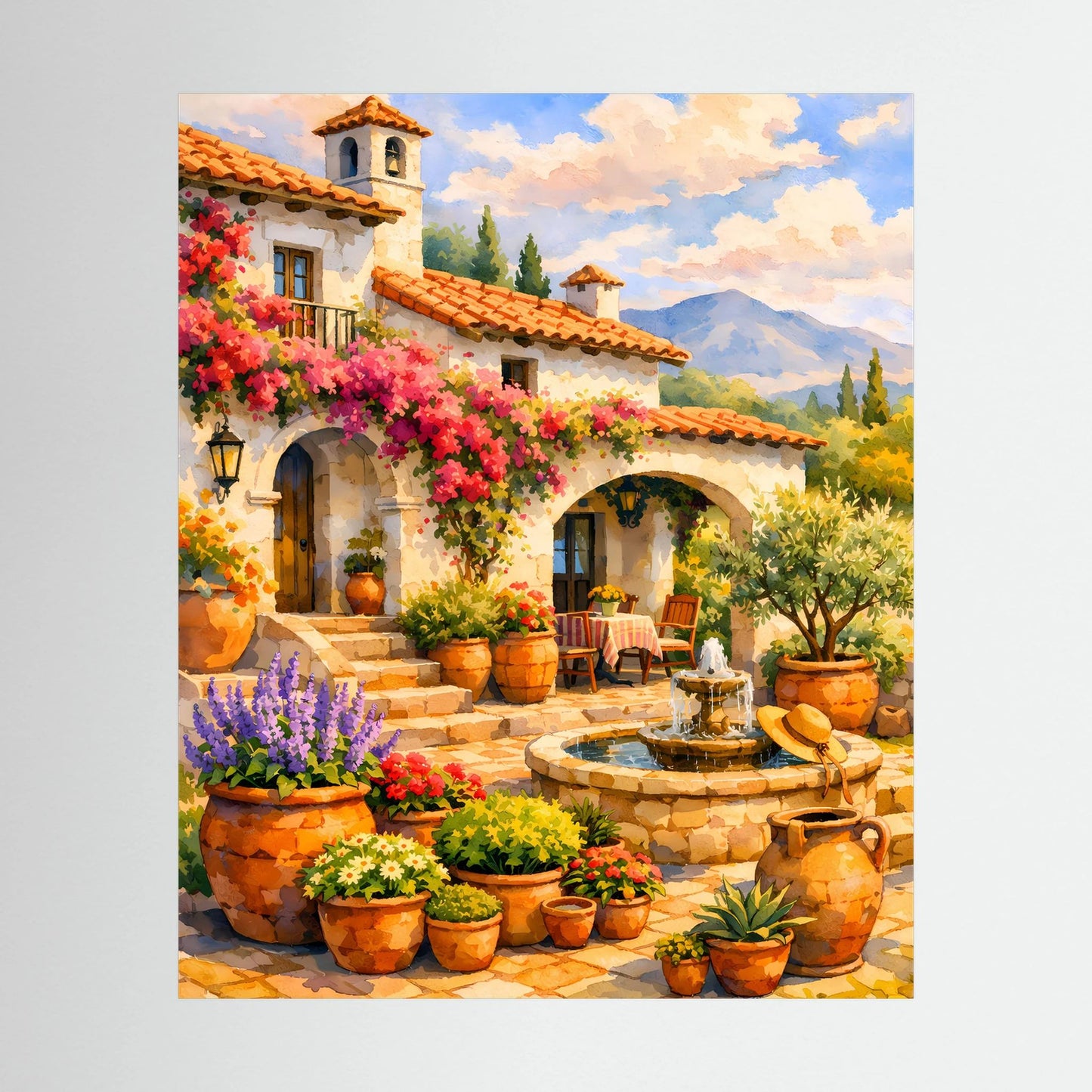 Hochformatiges Kunstposter mit mediterranem Innenhof, Blumen und Brunnen, viele Töpfe