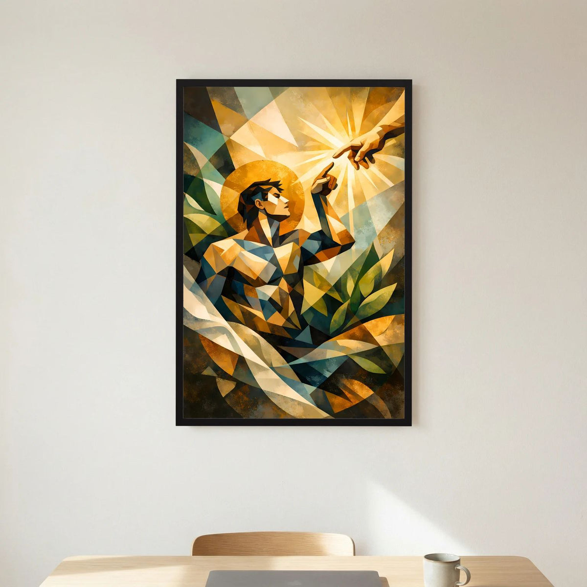 Gerahmtes Hochformat-Poster mit geometrischer Figur und ausgestreckten Händen, schwarz
