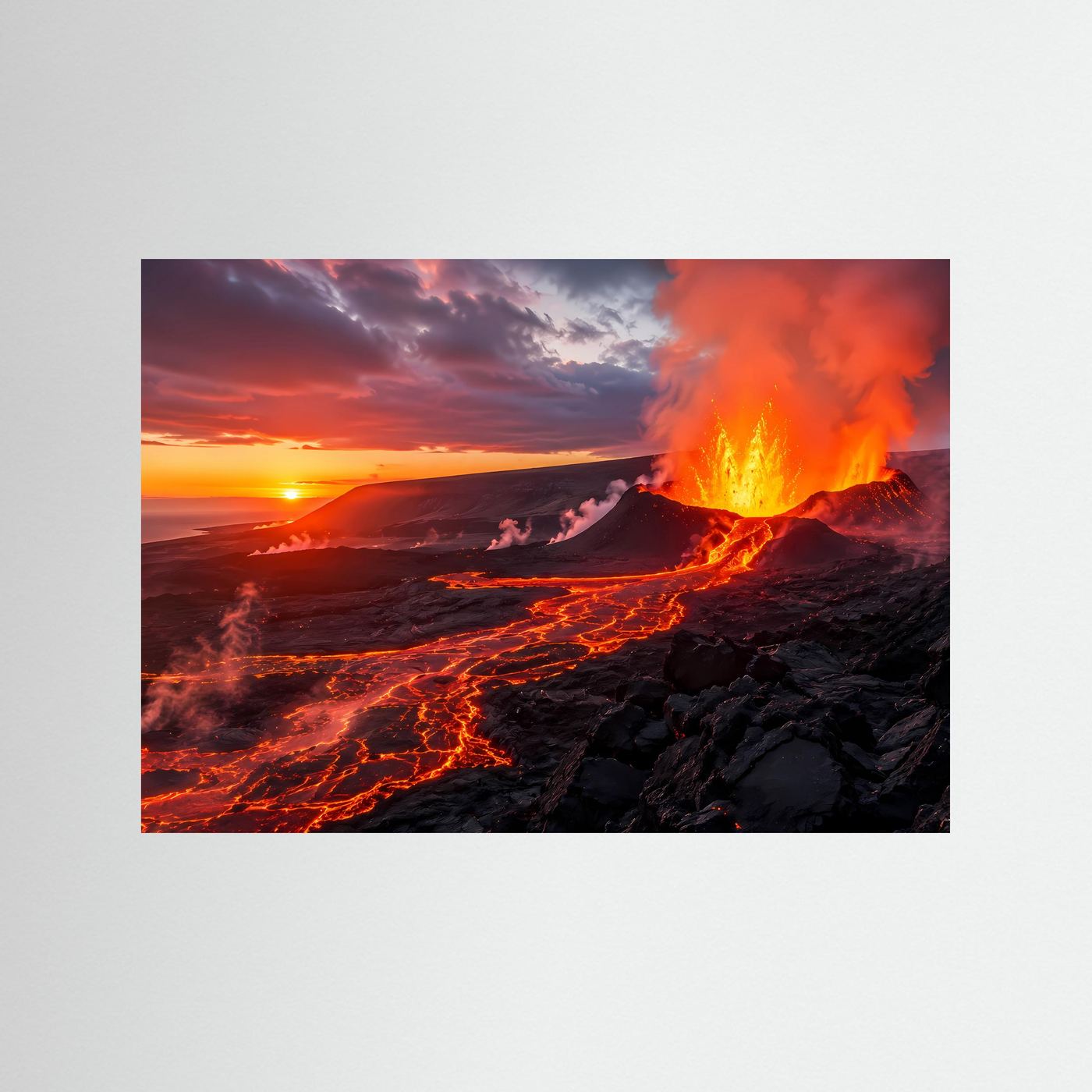 Dramatischer Vulkanausbruch bei Sonnenuntergang | Gewaltiges Lava-Poster Querformat