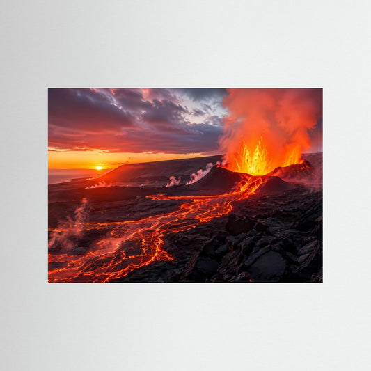 Vulkan-Lava-Poster im Querformat ohne Rahmen, mit ausbrechender roter Lava und Rauch