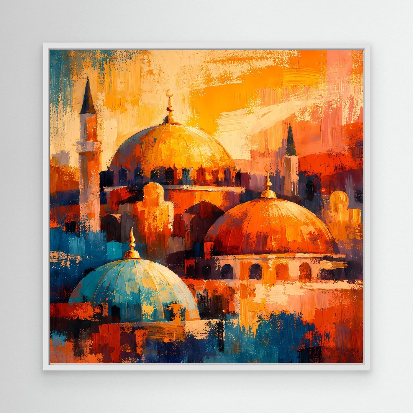 Abstraktes Leinwand-Wandbild mit Moschee: orange Kuppeln und blaue Kuppel, weißer Rahmen