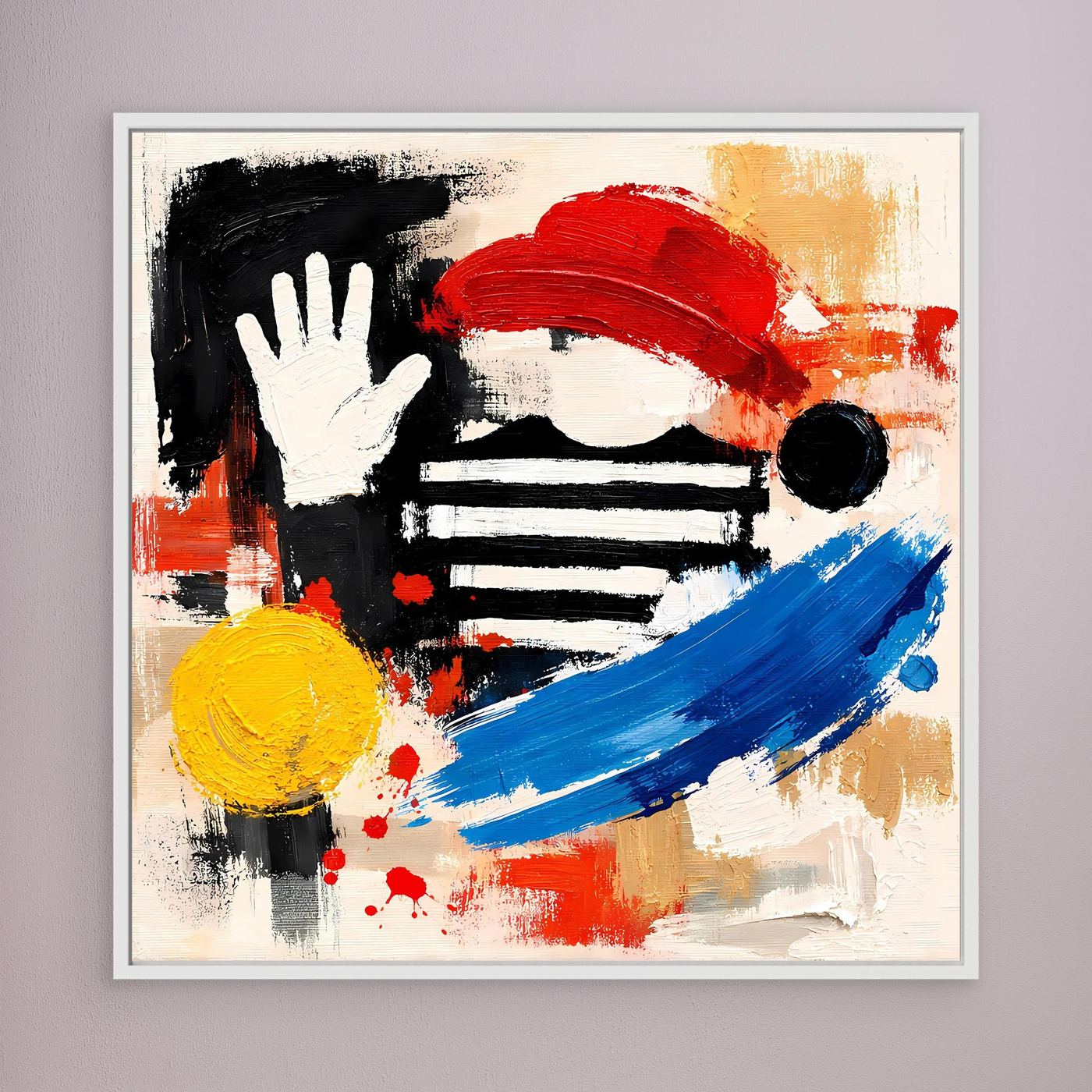 Abstract street art canvas with black, red, blue, and yellow figures, white frame