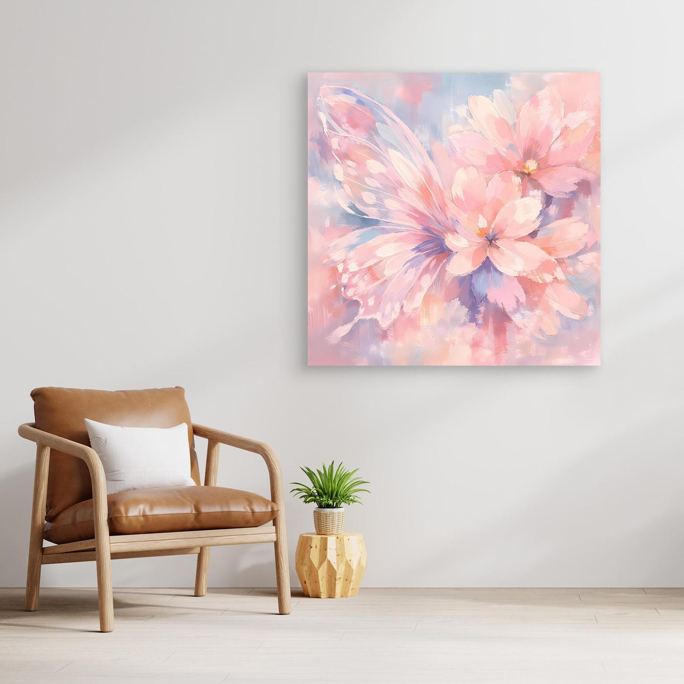 Quadratisches Leinwandbild mit Schmetterlingsblüte in Pastell, ohne Rahmen