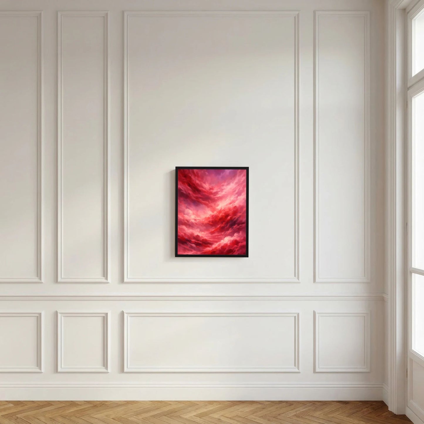Gerahmtes Poster an der Wand: rote Wolken mit kräftigen rosa Highlights