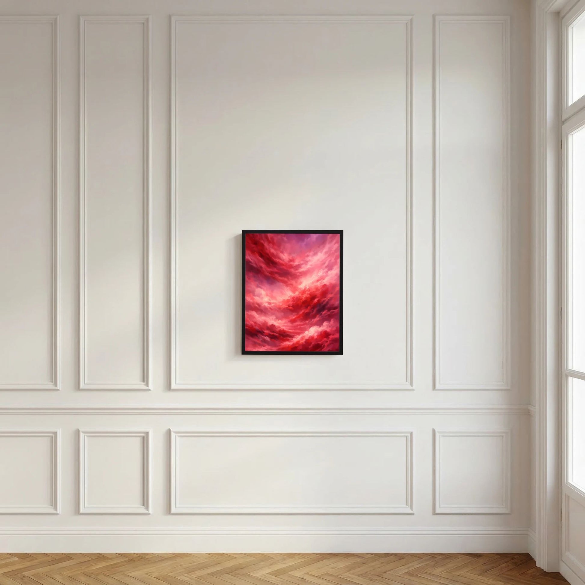Gerahmtes Poster an der Wand: rote Wolken mit kräftigen rosa Highlights
