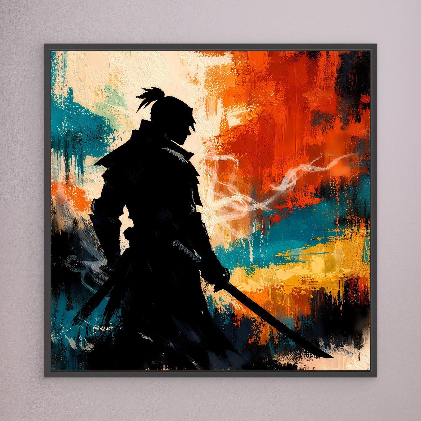 Wandbild mit Samurai-Silhouette und abstrakten Farbflecken, dunkelgrauer Rahmen
