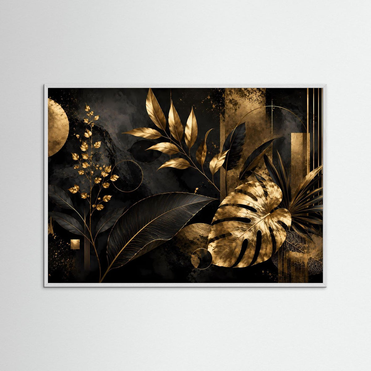 Monstera-Poster im Querformat mit schwarzem Rahmen, goldene Monstera-Blätter und goldene Akzente