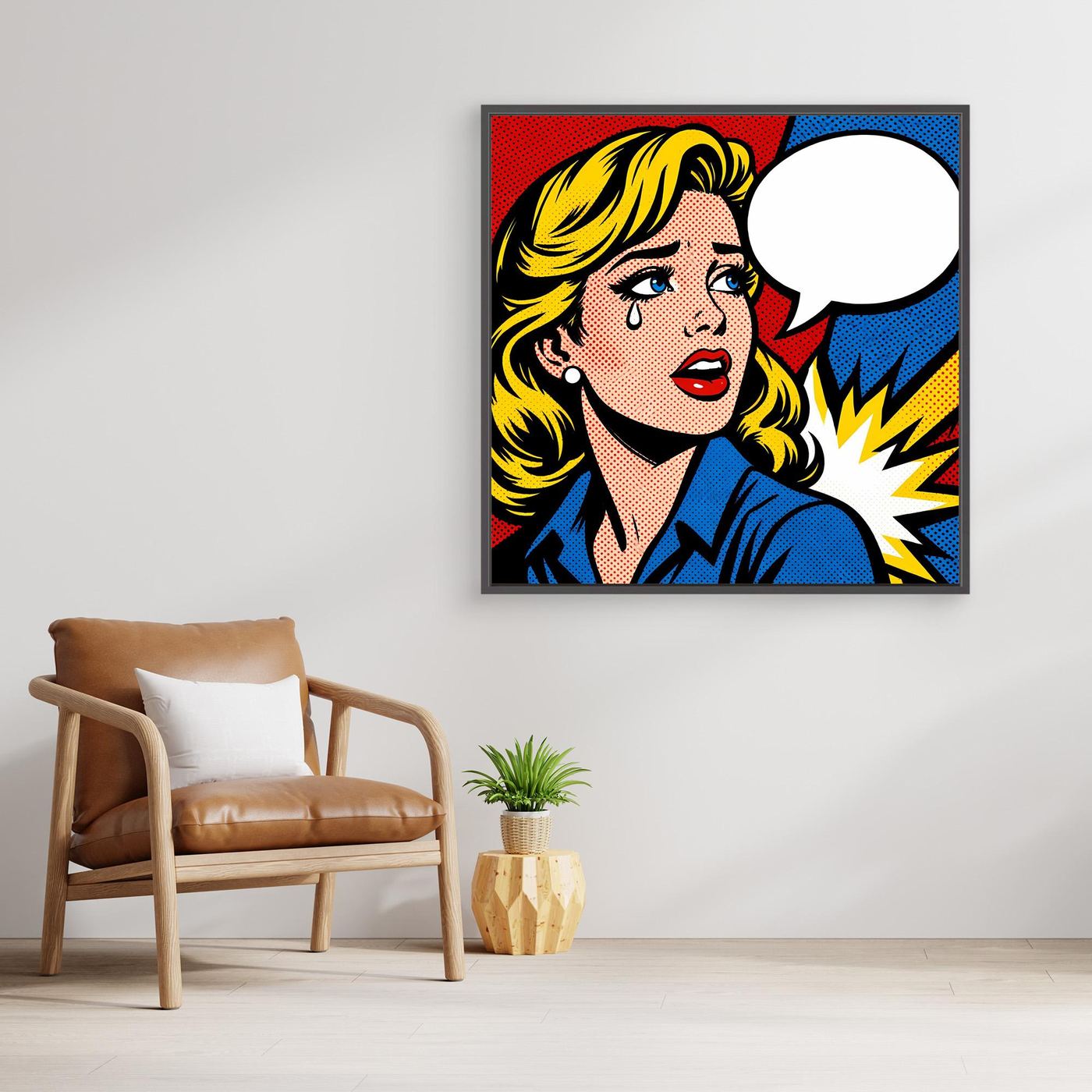 Leinwandbild: Frauen-Pop-Art-Porträt in Blau mit Sprechblase und gelben Strahlen