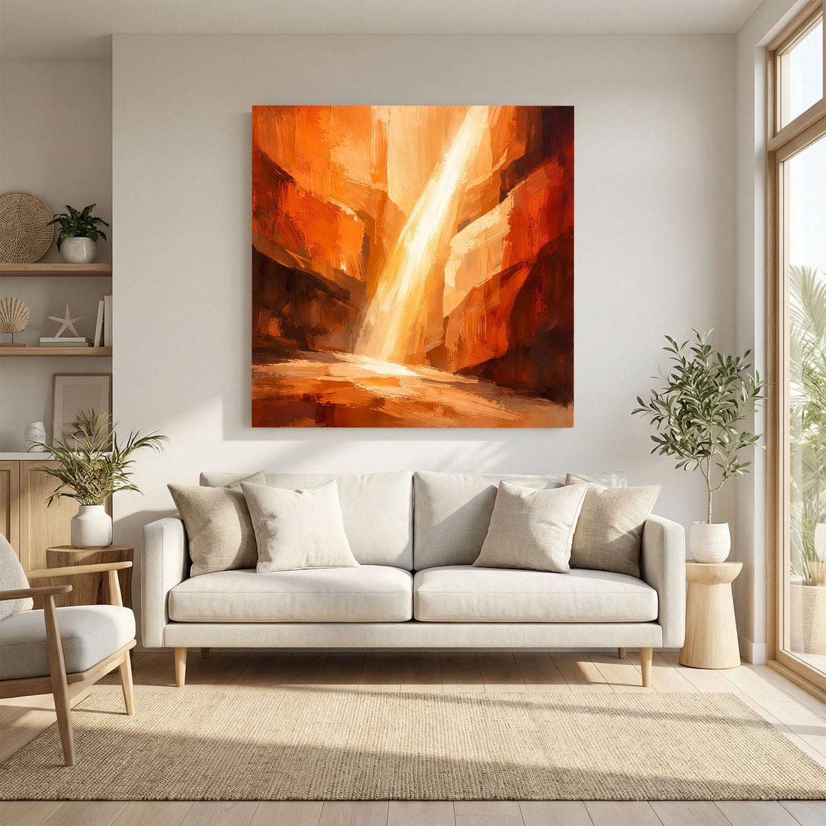Quadratisches Leinwandbild mit abstraktem Canyon und hellem Lichtkegel in Rotorange