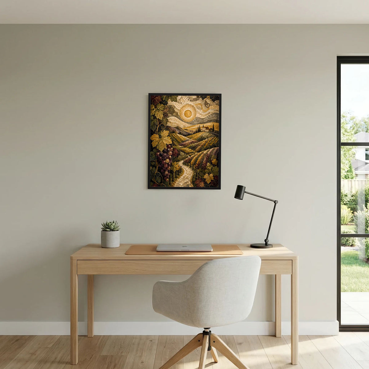 Wanddekoration: Poster mit Weinberg-Pfad, Trauben und Goldsonne im schwarzen Rahmen