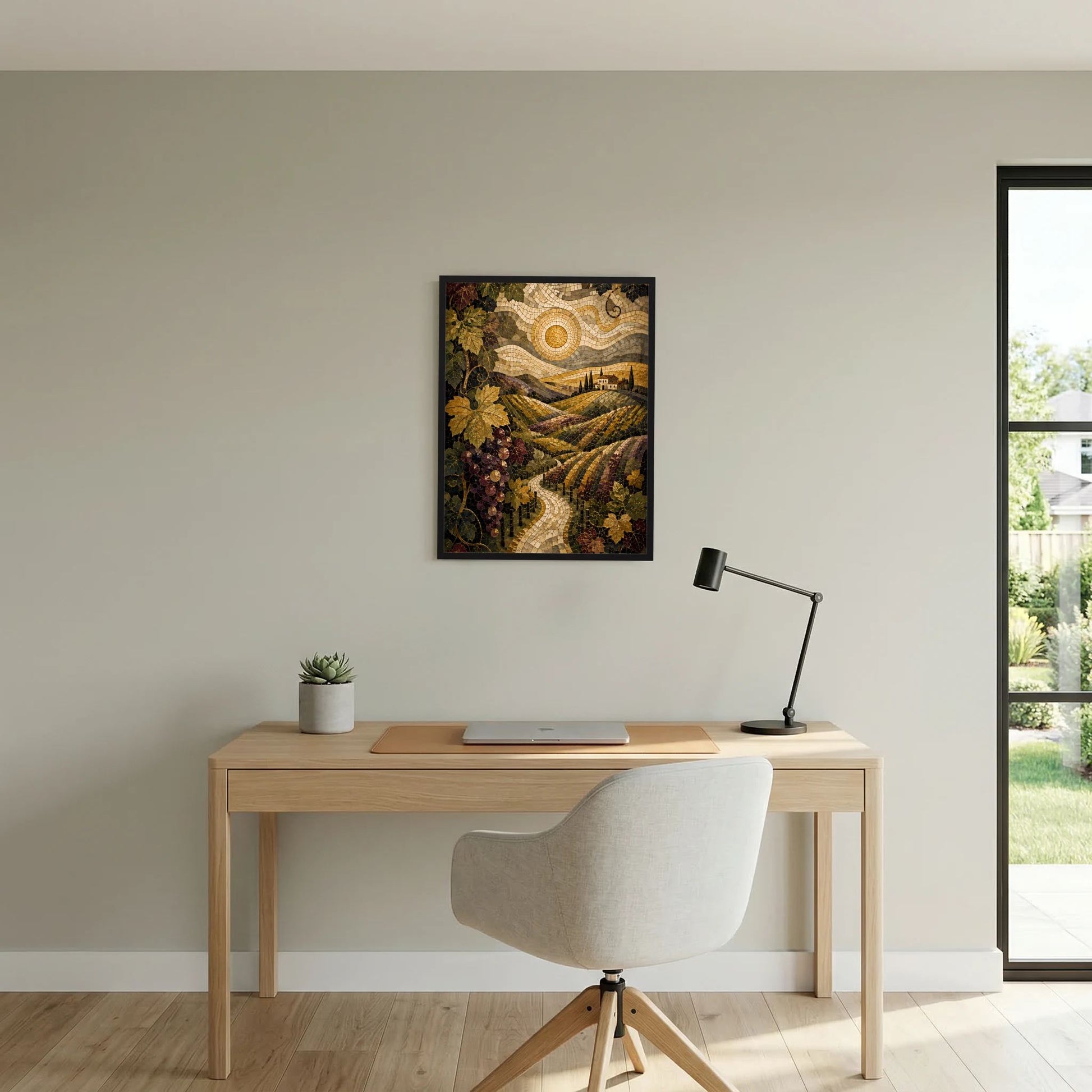 Wanddekoration: Poster mit Weinberg-Pfad, Trauben und Goldsonne im schwarzen Rahmen
