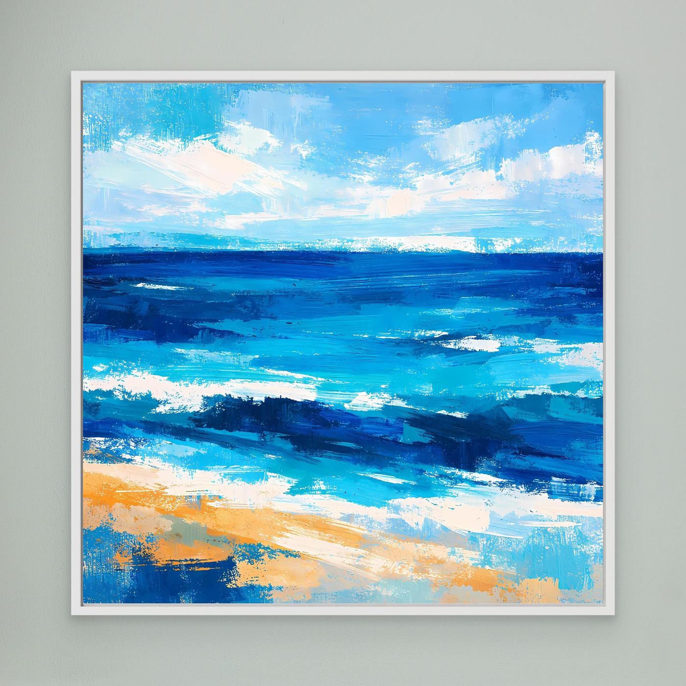 Abstract seascape wall art print in blue with light gray border frame