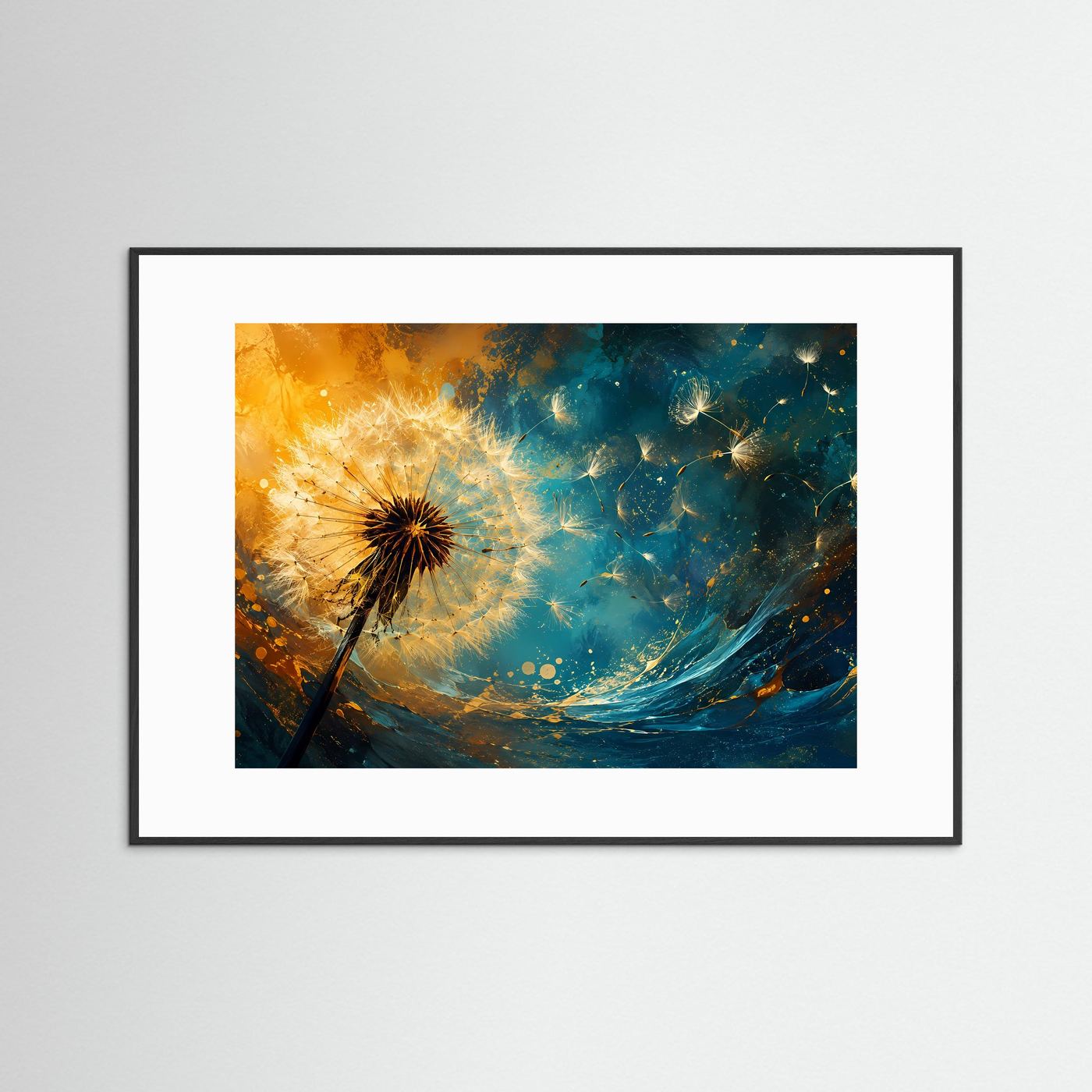 Pusteblume Poster | Löwenzahn Wandbild Modern | Gold Blau Abstrakte Naturkunst mit Schwebenden Samen