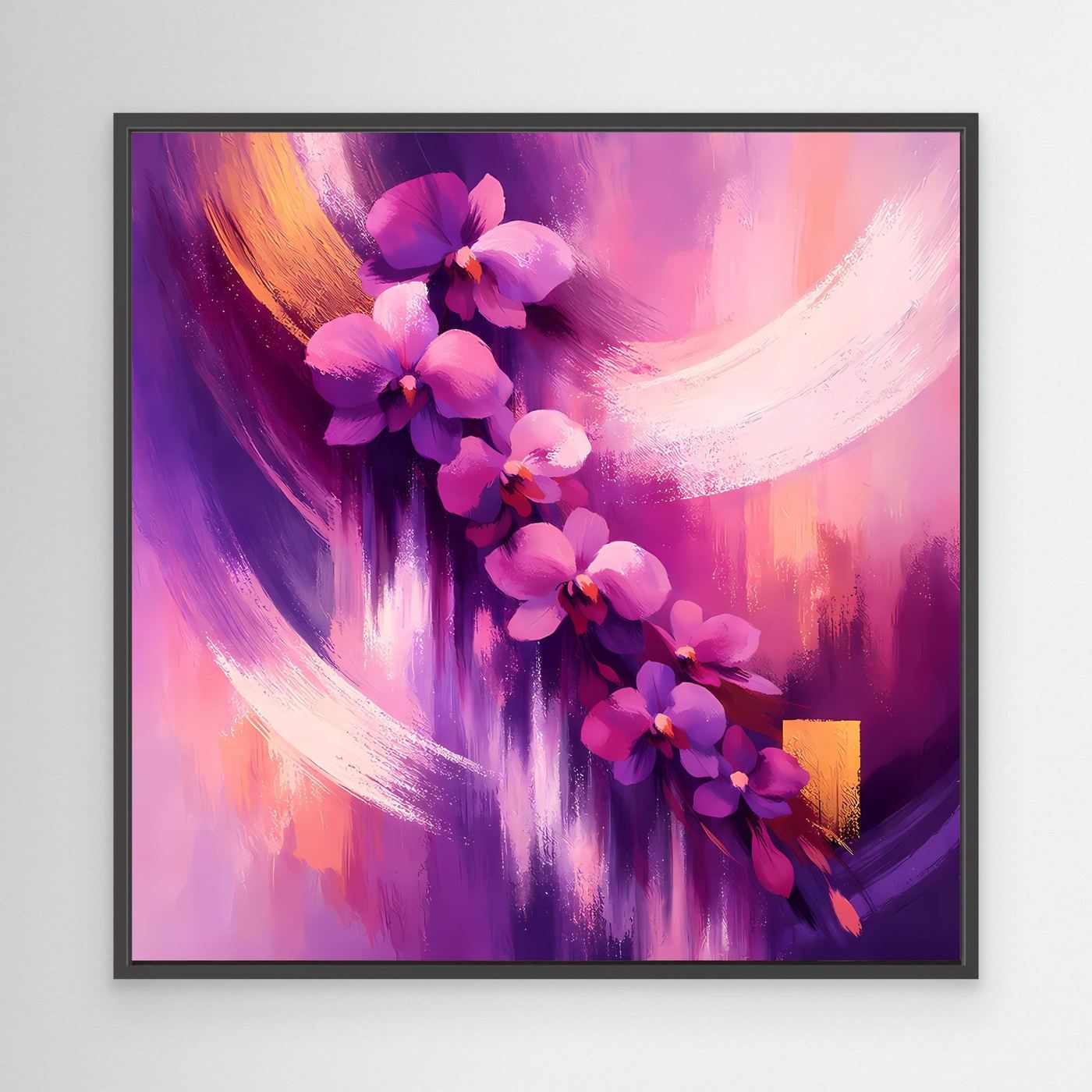 Leinwandbild mit abstrakten Orchideen in Lila- und Rosatönen, schwarzer Rahmen