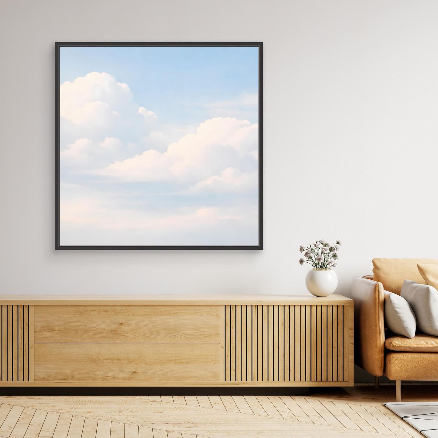 Leinwandbild mit Pastellhimmel und sanften Wolken, schwarzer Rahmen