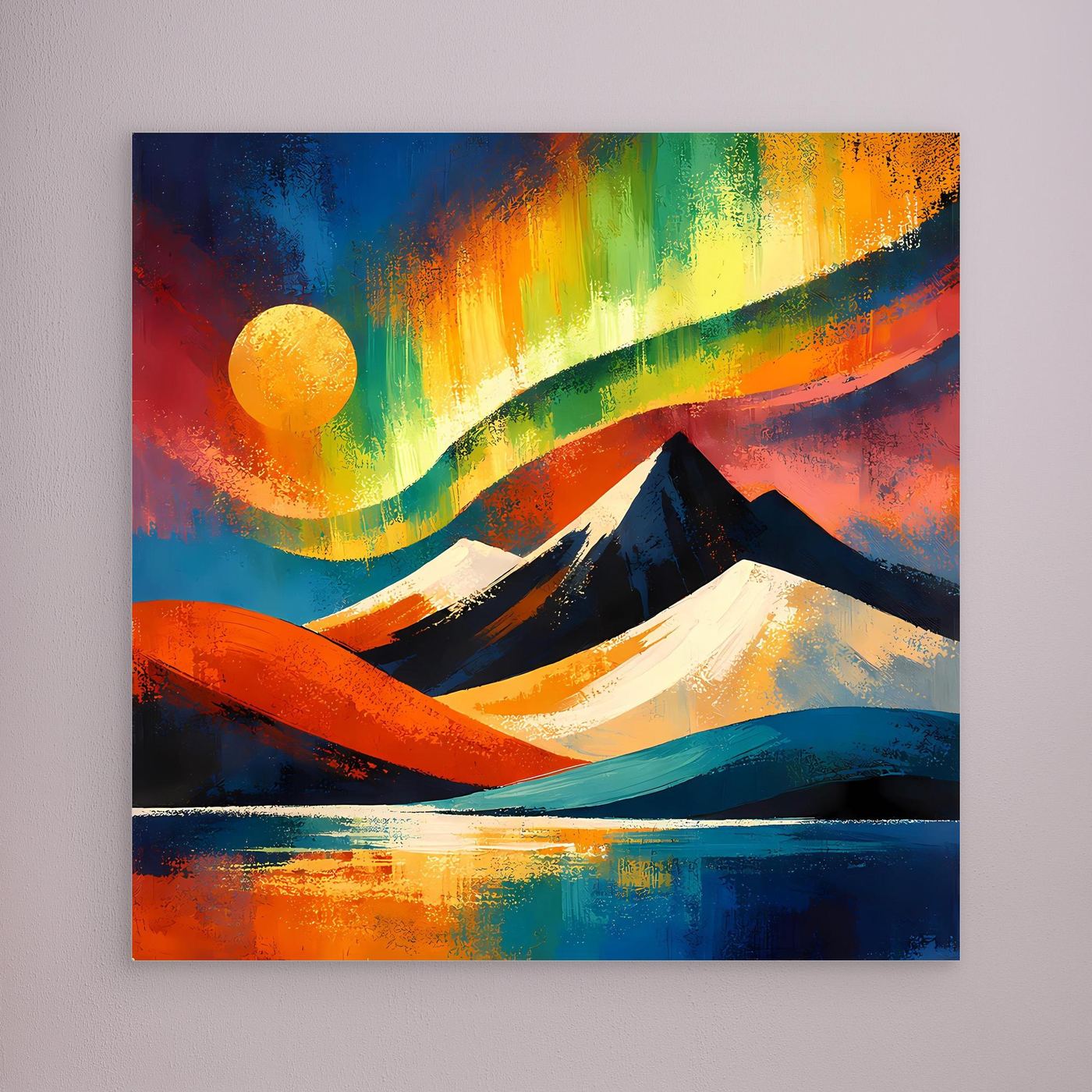 Abstraktes Leinwandbild mit Berglandschaft in Blau, Orange und Grün