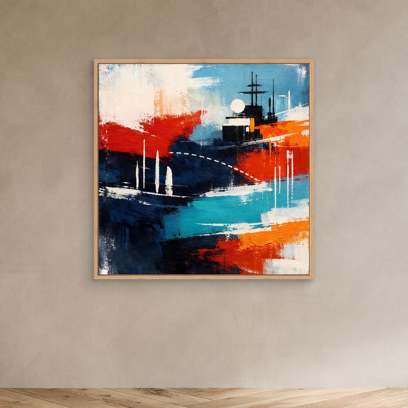 Abstraktes Leinwand-Wandbild mit Schiff in Blau, Rot und Türkis, brauner Rahmen