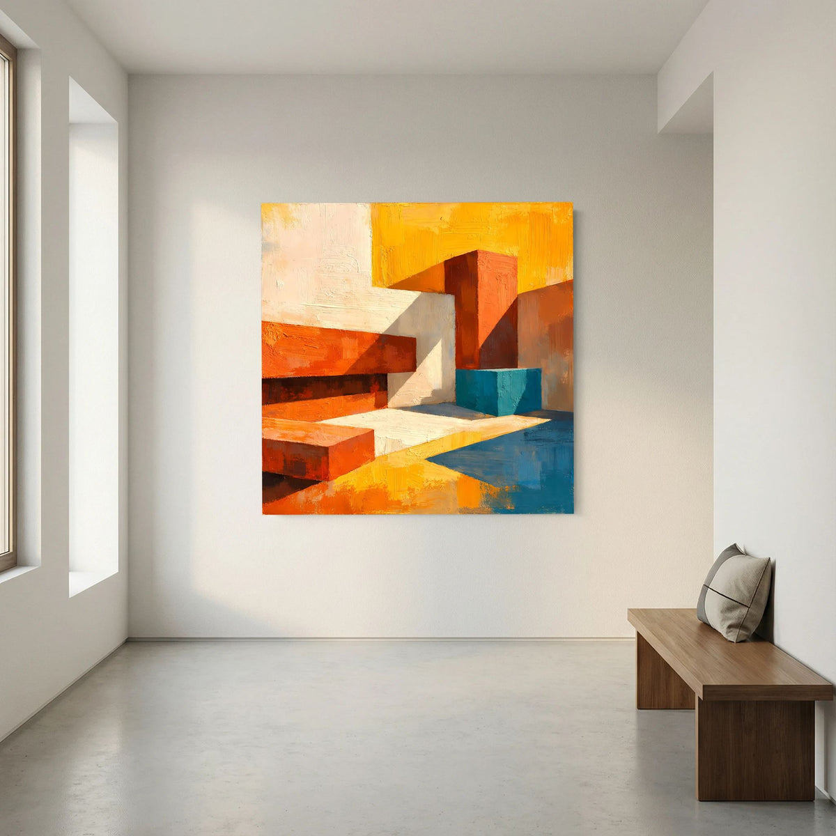 Abstraktes Leinwand-Wandbild mit geometrischen Quadern in Orange, Weiß und Blau