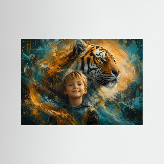 Querformat-Poster mit Jungenmotiv und Tiger in Türkis und Gold
