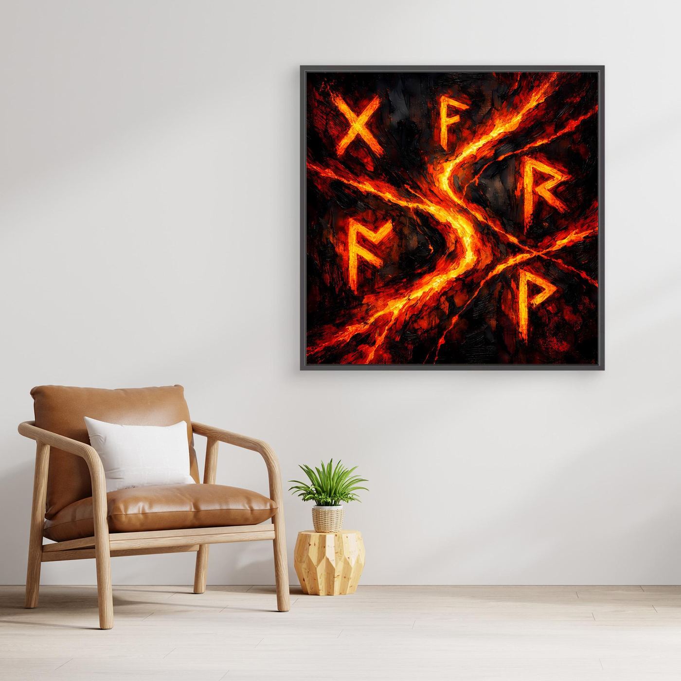 Leinwand-Wandbild mit Runen, Lavaflammen in Rot/Orange, schwarzer Rahmen