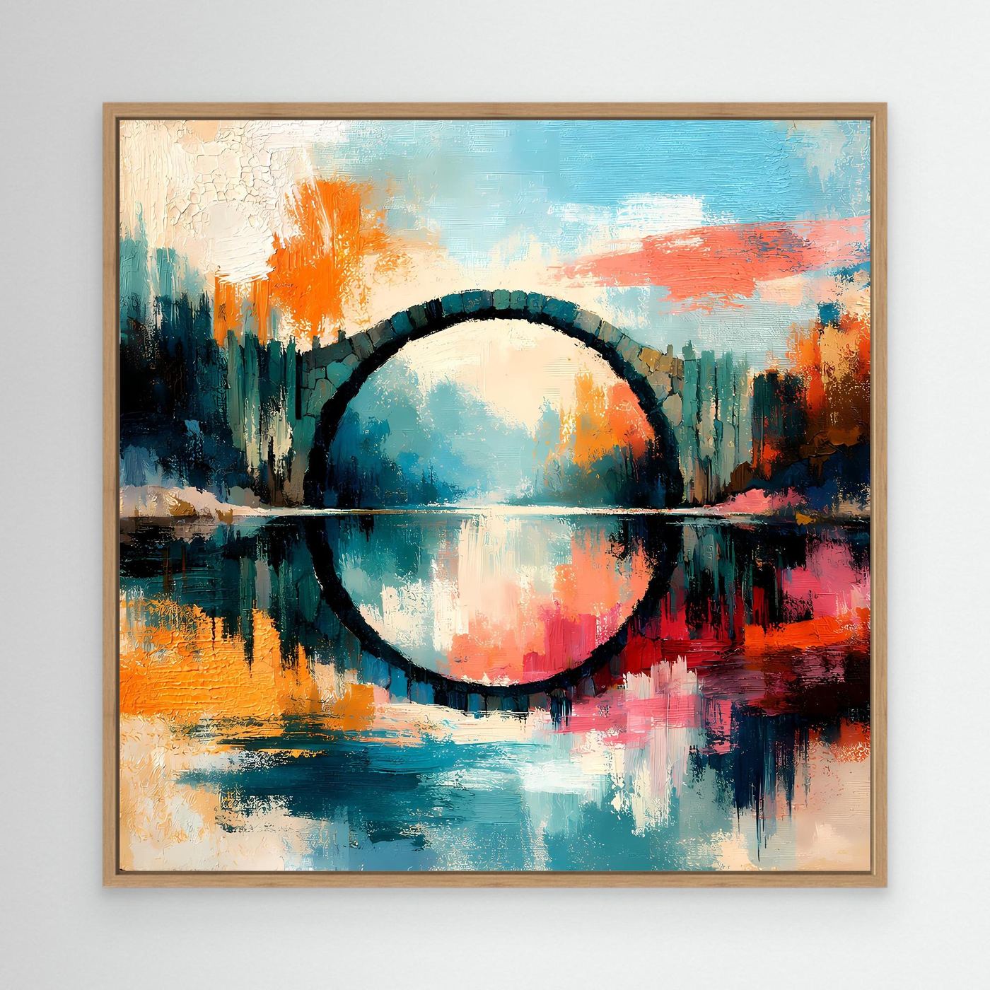 Premium Leinwand Mystische Kreisbrücke im Wasser | Abstraktes Natur Wandbild farbenfroh