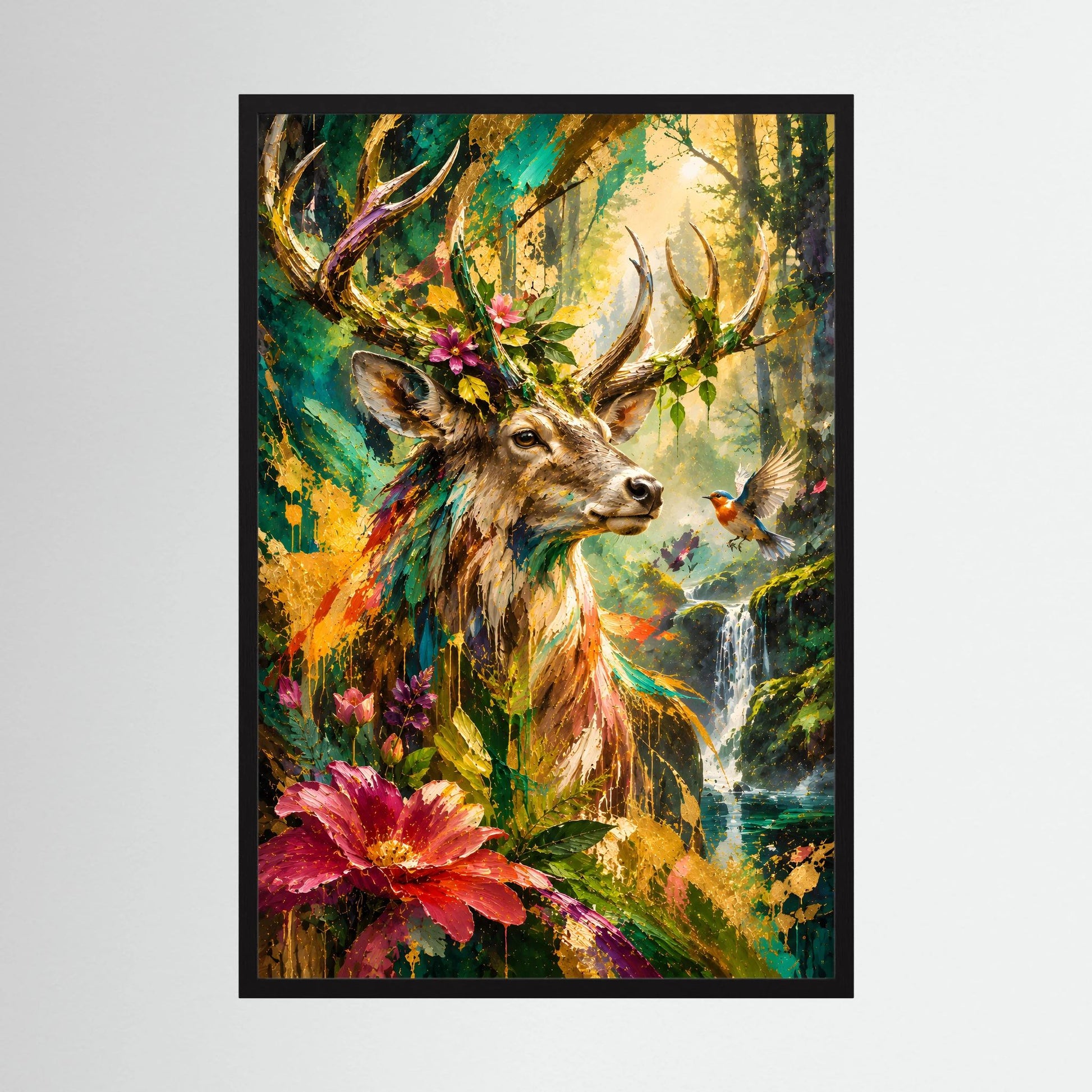 Hochformatiges Tierposter: majestätischer Hirsch im bunten Wald, mit schwarzem Rahmen