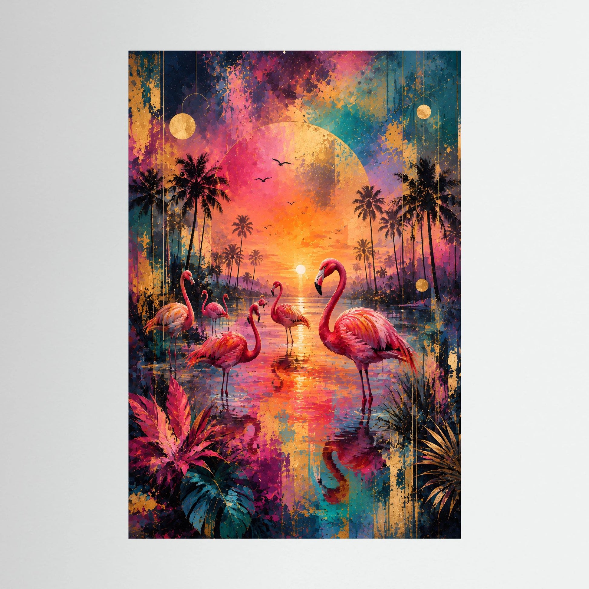 Poster mit Flamingos im tropischen Sonnenuntergang, leuchtende Farben und Wasserreflexionen
