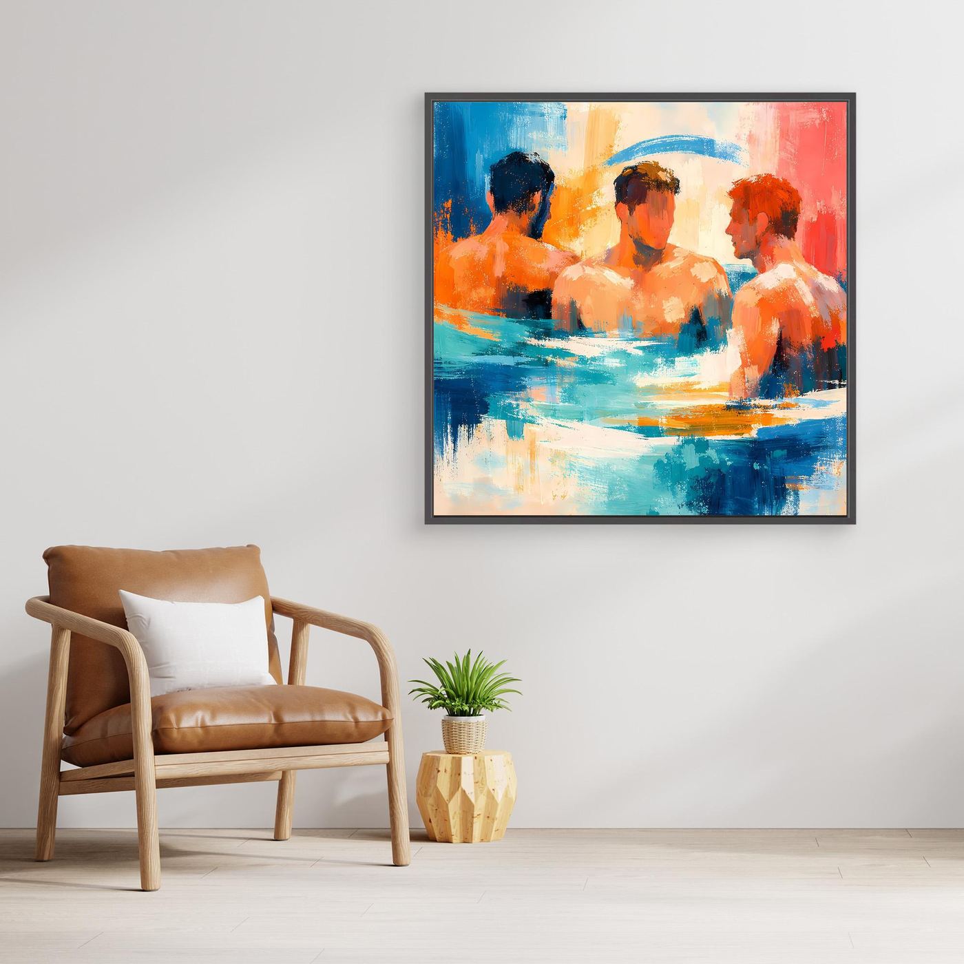 Abstract canvas wall art with black frame: swimmers in blue and orange water