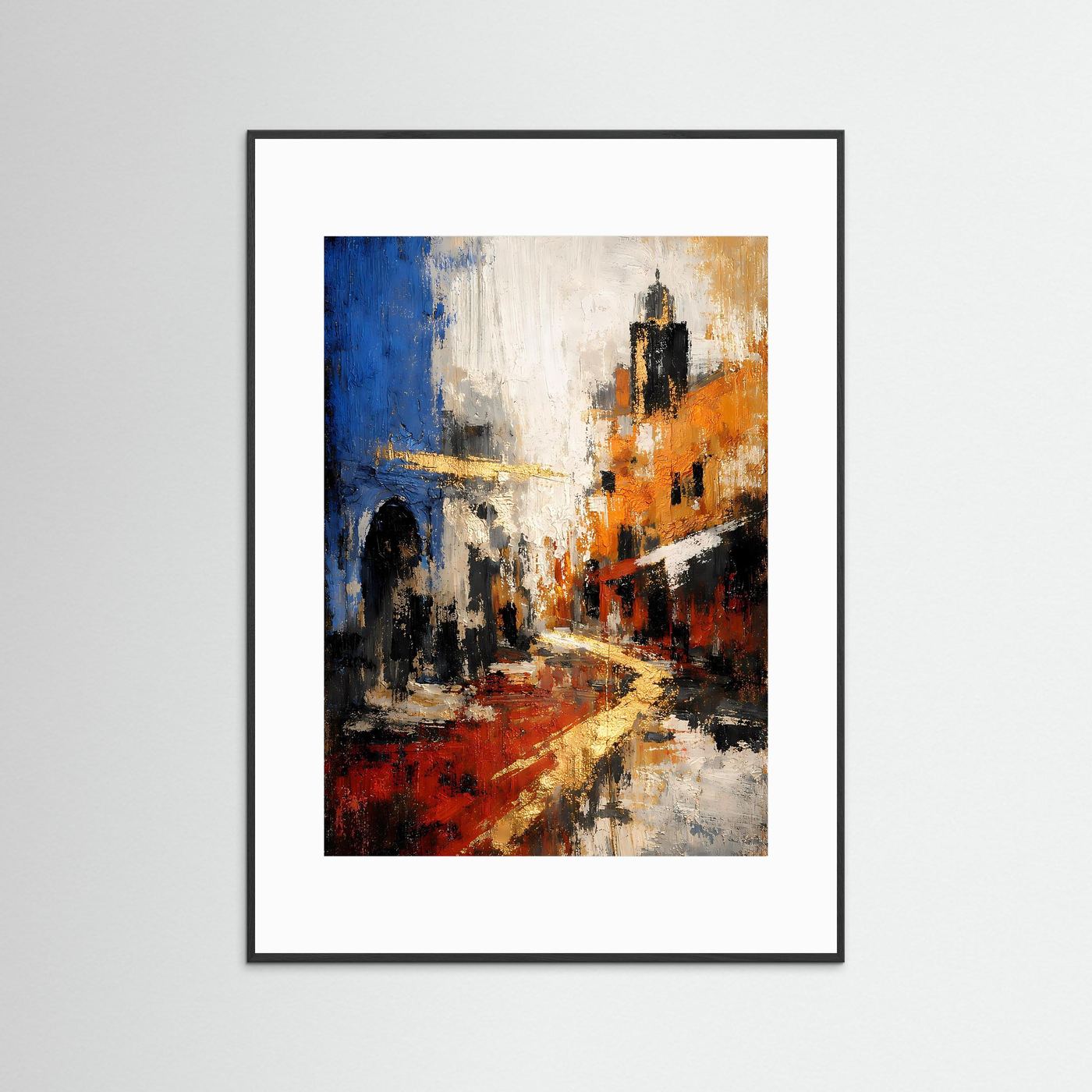 Abstraktes Gassen-Poster mit schwarzem Rahmen und weißem Passepartout, Farben in Blau, Orange, Rot