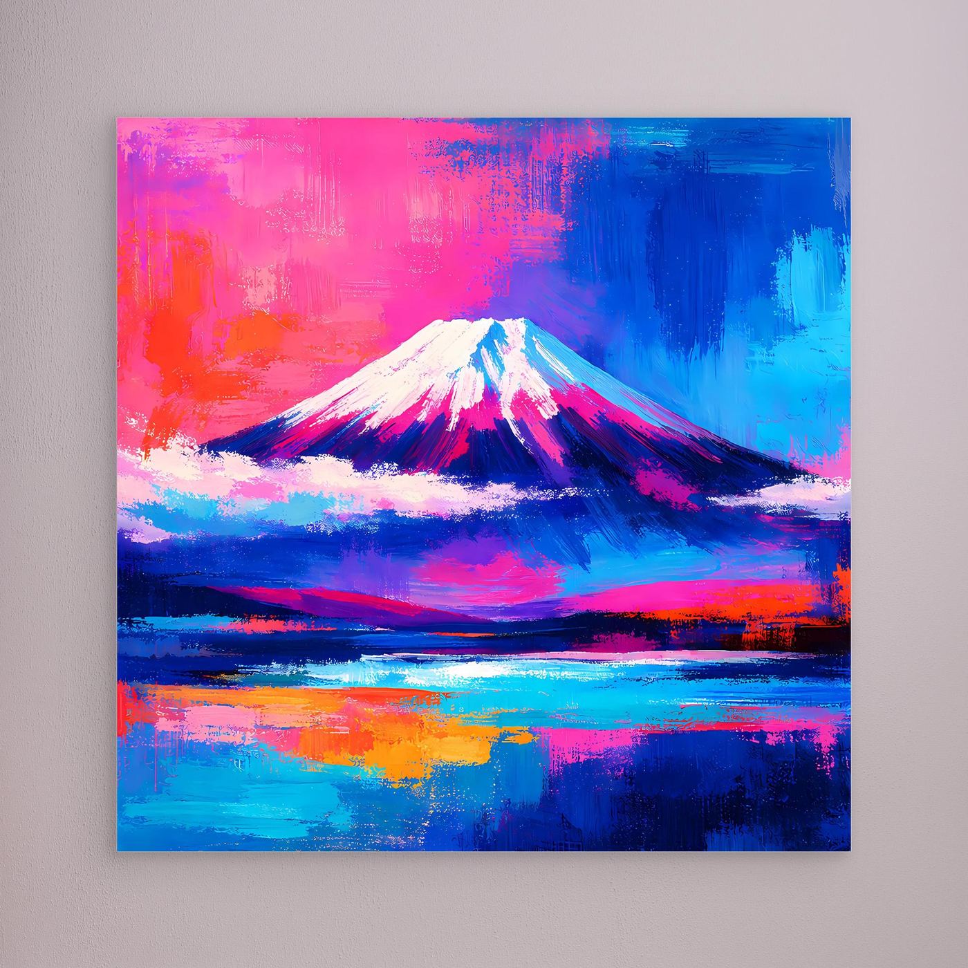 Leinwandbild Abstrakter Fuji bei Sonnenuntergang | Farbenfrohes Berg Wandbild auf echtem Holzkeilrahmen