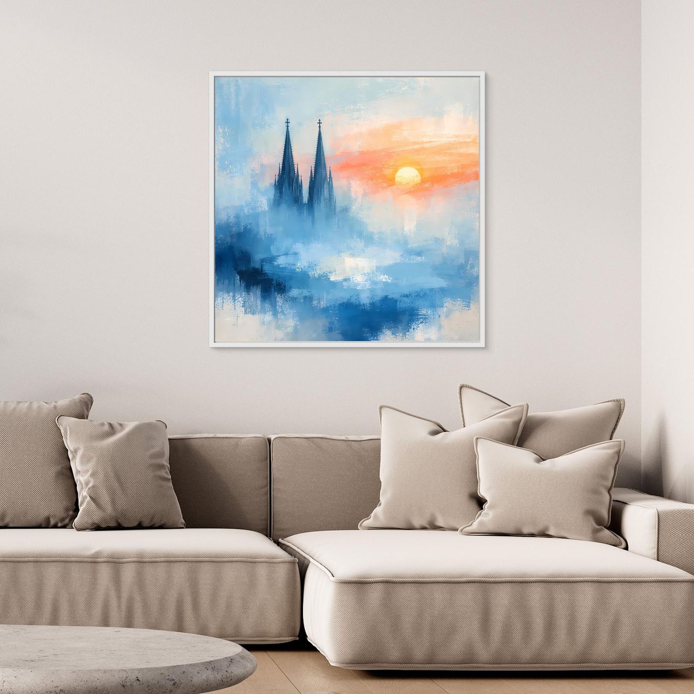 Kölner Dom Silhouette in Nebelblau | Moderne Abstrakte Leinwand mit Sonnenaufgang