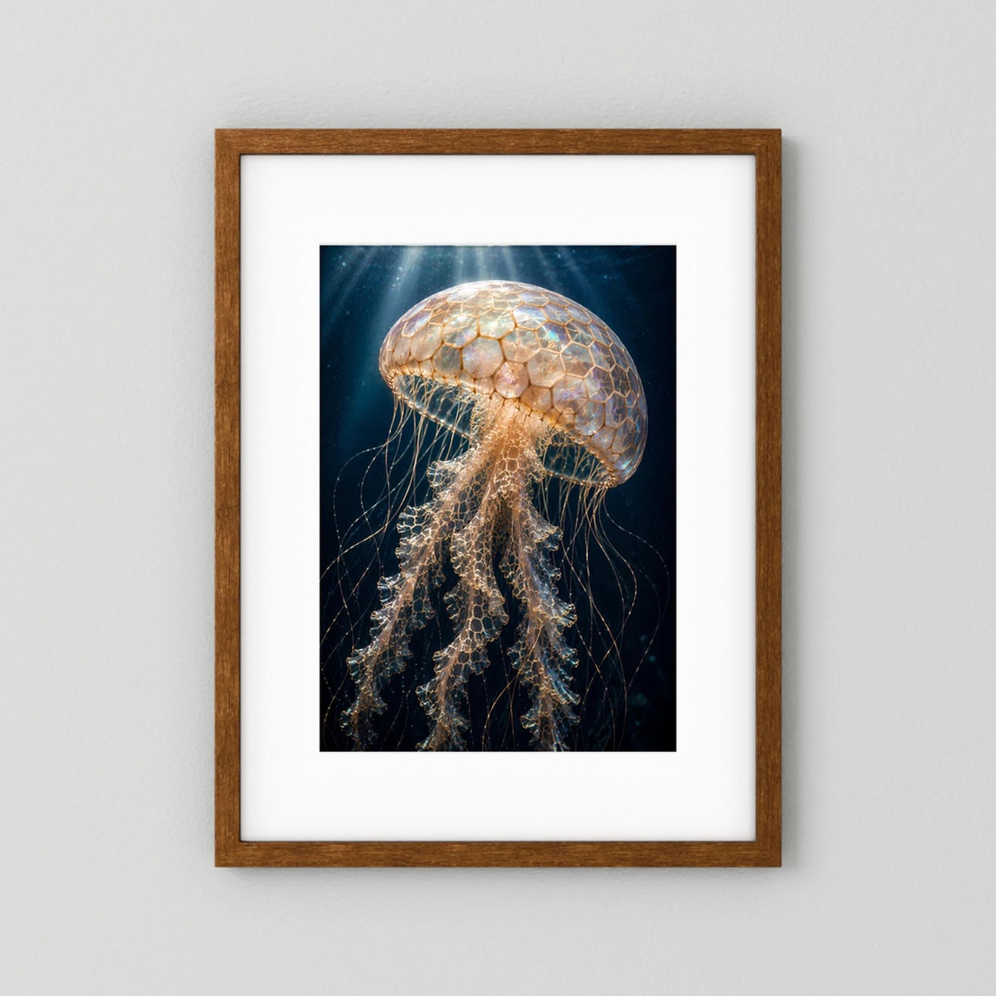 Hochformat-Poster: leuchtende Qualle in Perlmutt & Gold, Holzrahmen dunkel