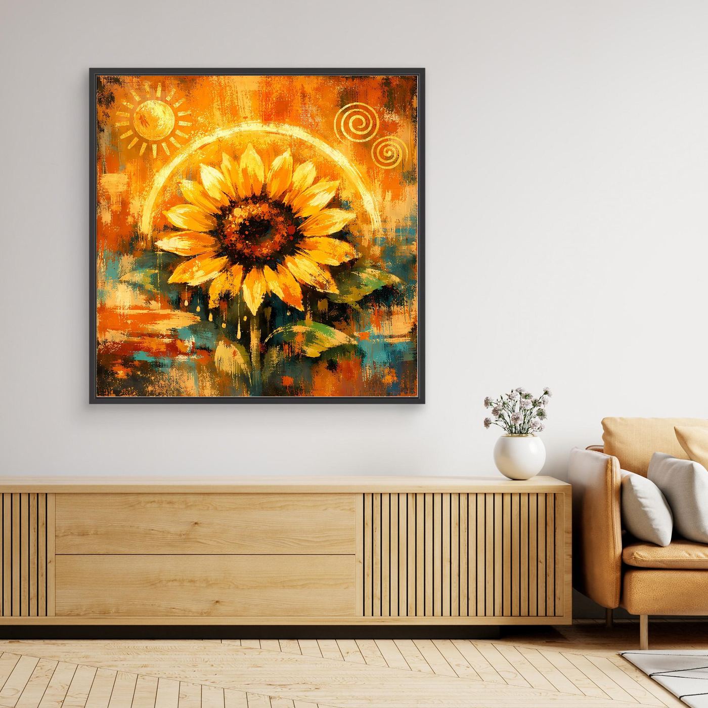 Gerahmtes Leinwandbild, abstrakte goldene Sonnenblume, schwarzer Rahmen