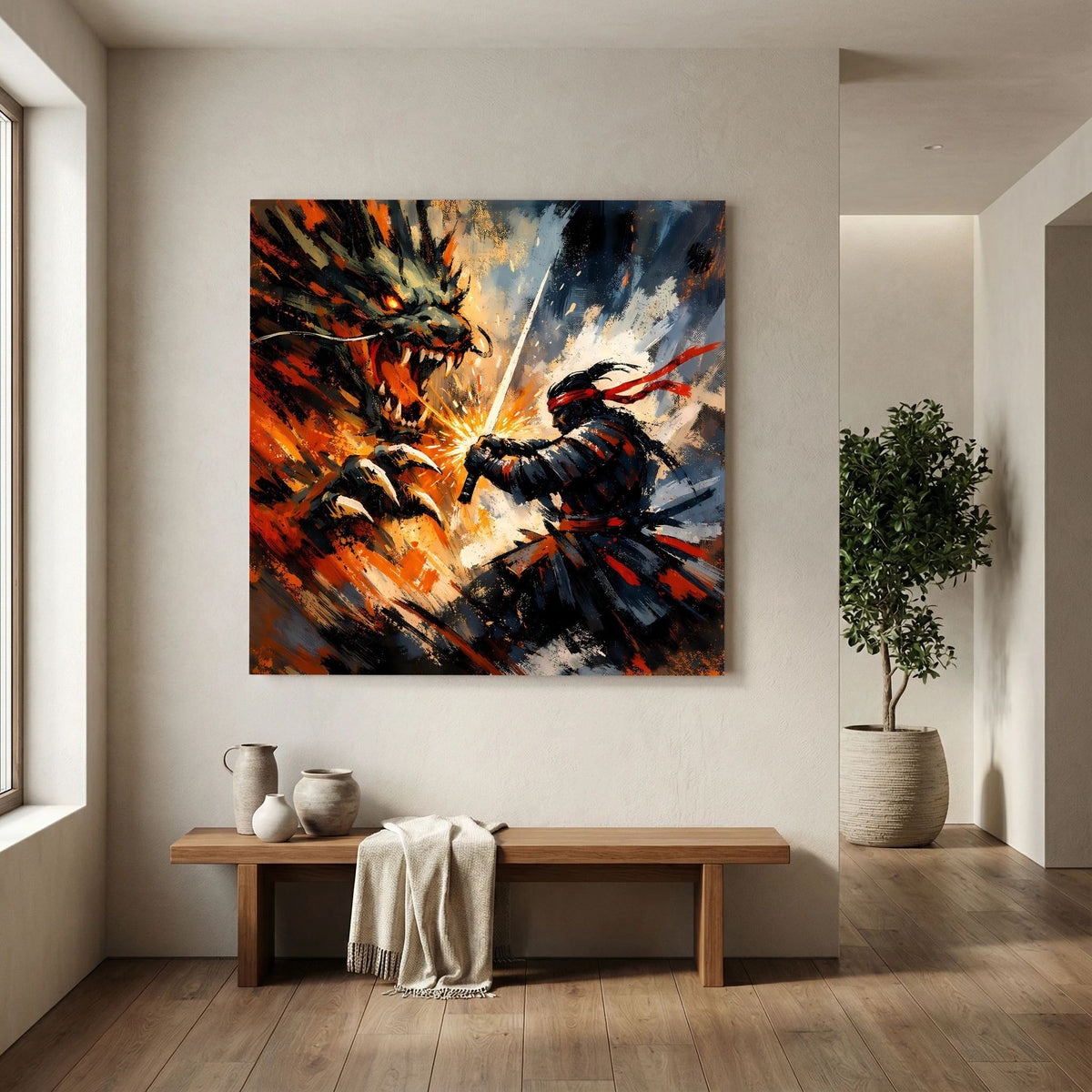 Leinwandbild: Samurai mit erhobenem Schwert gegen Drachen, wildes Pinselbild in Rot/Schwarz