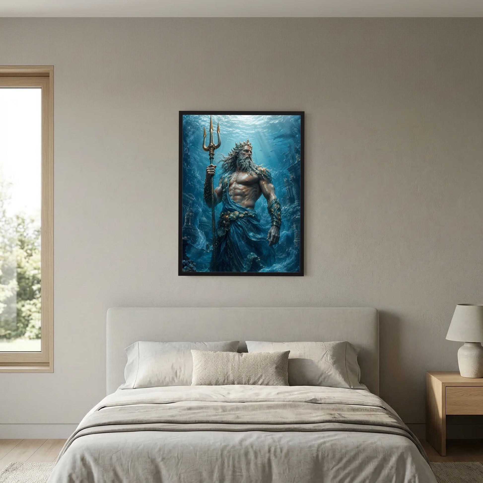 Poster zeigt Poseidon mit Dreizack in blauem Meer-Motiv, schwarzer Rahmen