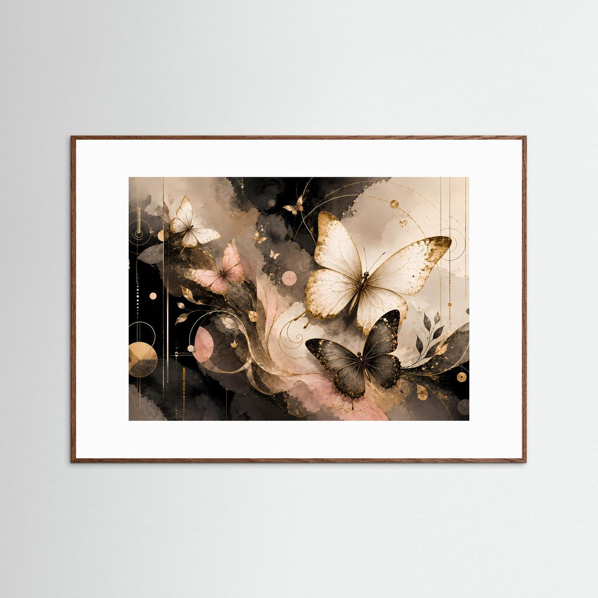 Querformatiges Wandbild mit Schmetterlingen in Schwarz, Creme und Gold im braunen Holzrahmen