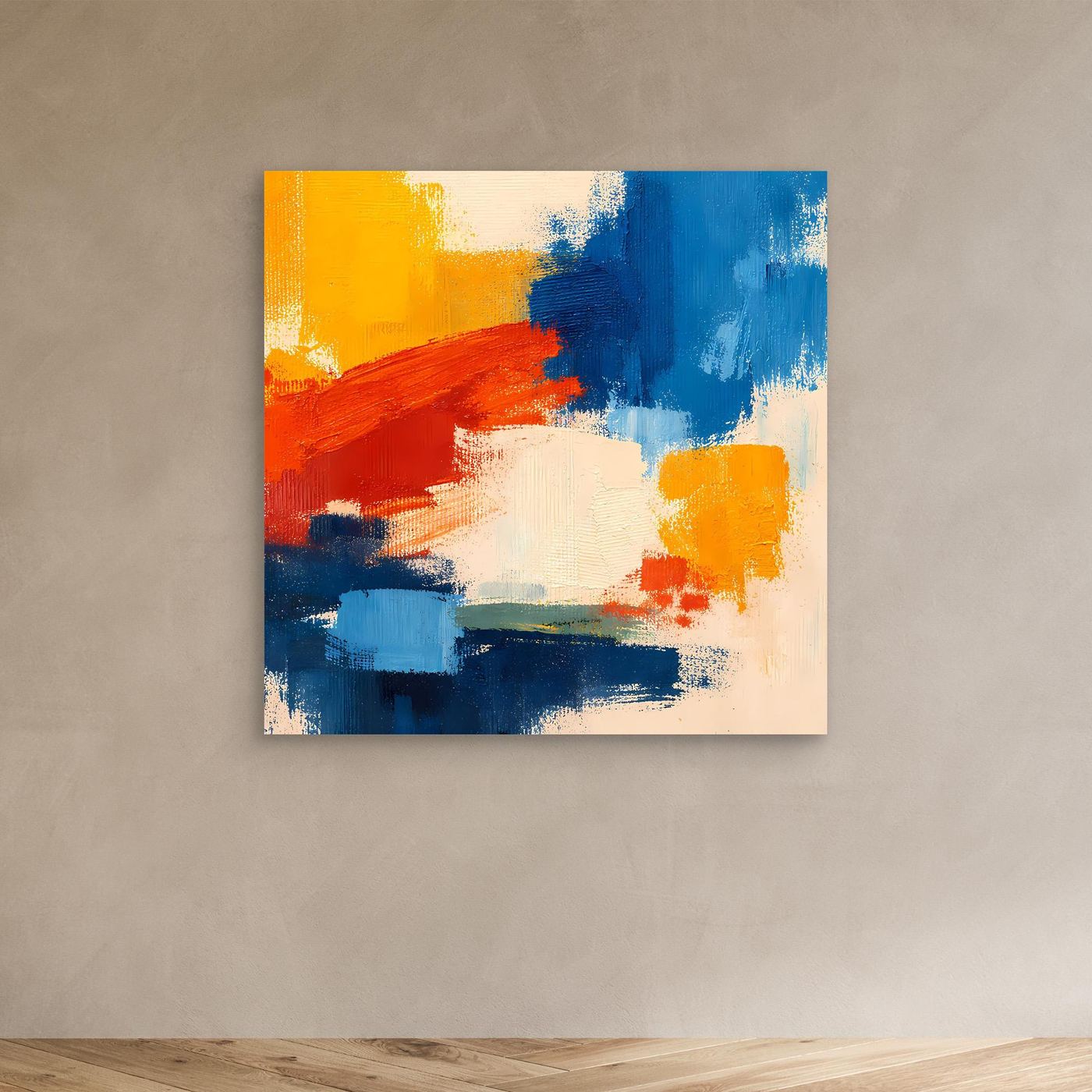 Abstract canvas wall art with blue and yellow areas, red streaks, and textured brush marks