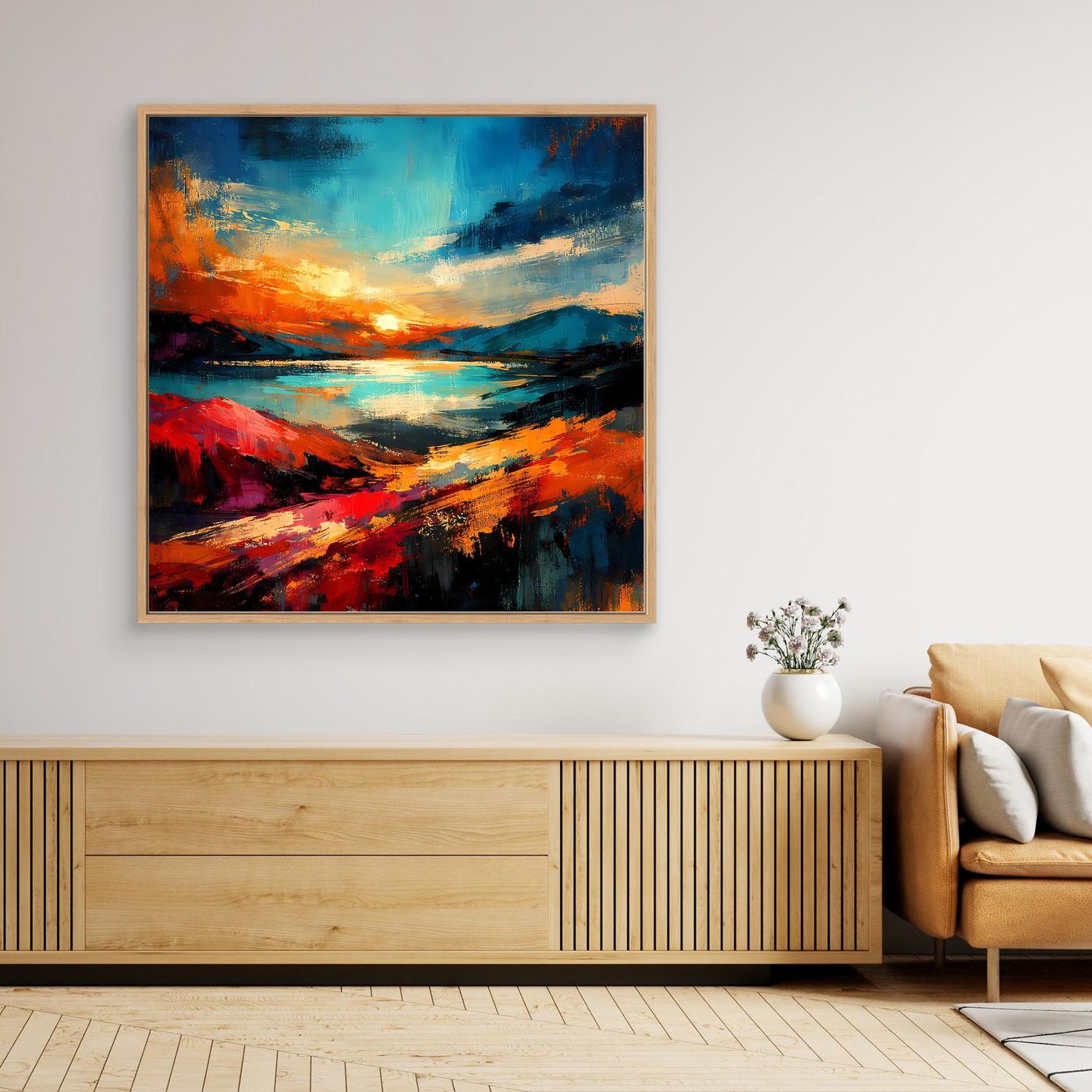 Abstraktes Leinwandbild mit Landschaftsmotiv in Blau, Rot und hellem Holzrahmen