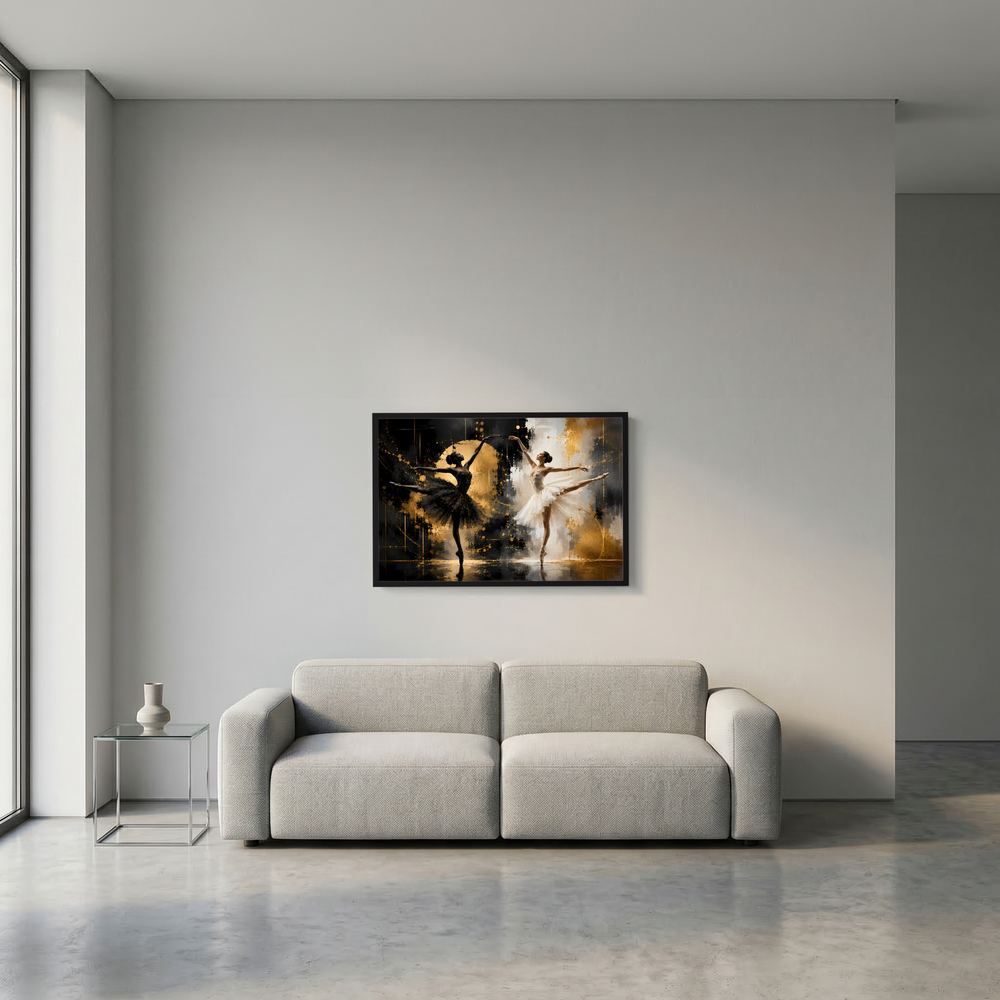 Kleines gerahmtes Querformat-Poster: zwei Balletttänzerinnen in Schwarz-Weiß, goldene Akzente, schwarzer Rahmen