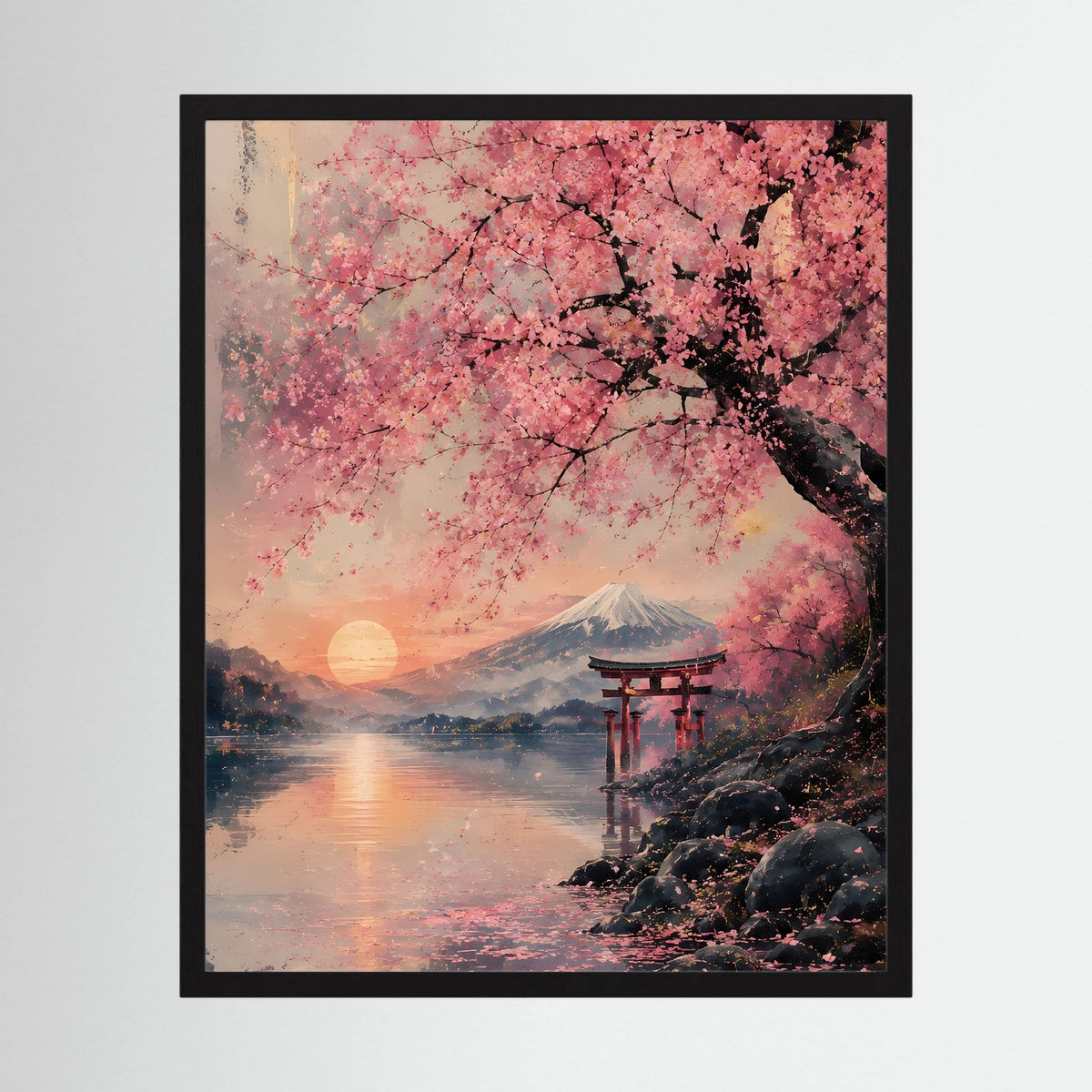 Gerahmtes Poster im Hochformat mit rosa Kirschblüten, Fuji-Landschaft, Torii bei Sonnenuntergang