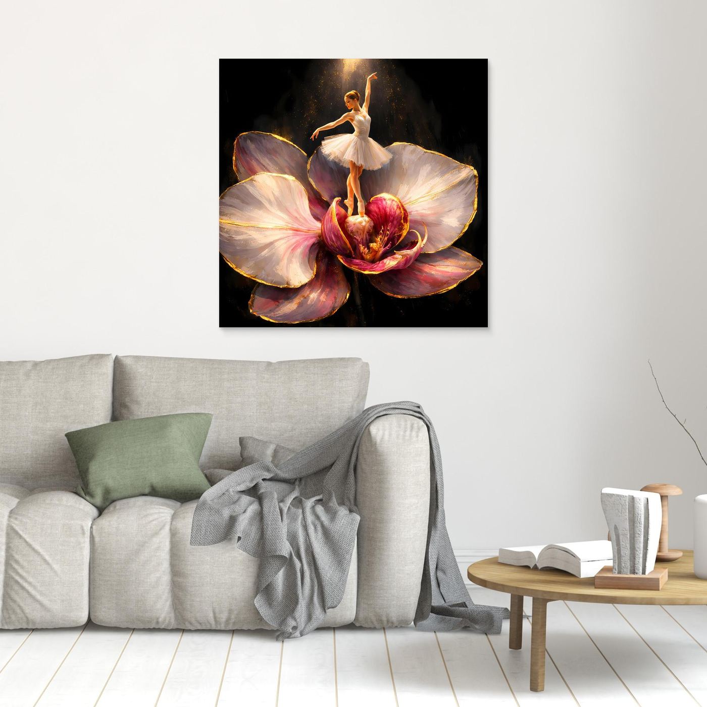 Premium Leinwand Elegante Ballerina auf Orchidee | Abstraktes Ballett Wandbild mit Goldakzenten