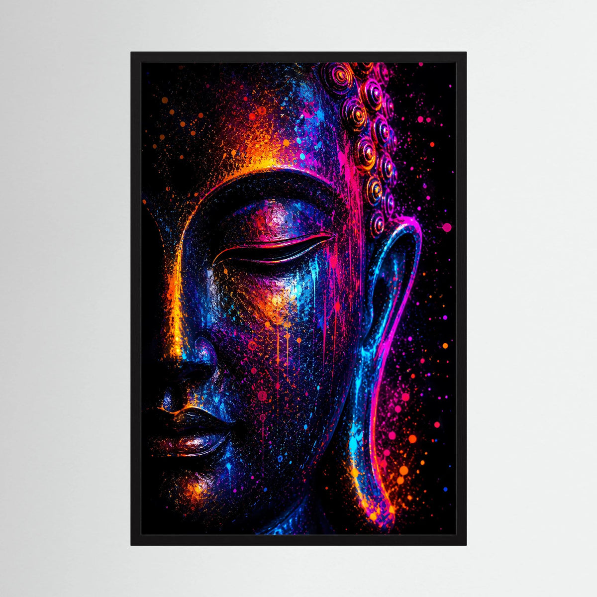 Kunstposter mit abstraktem Buddha-Gesicht im Neonlicht, pink-blau-orange, schwarzer Rahmen