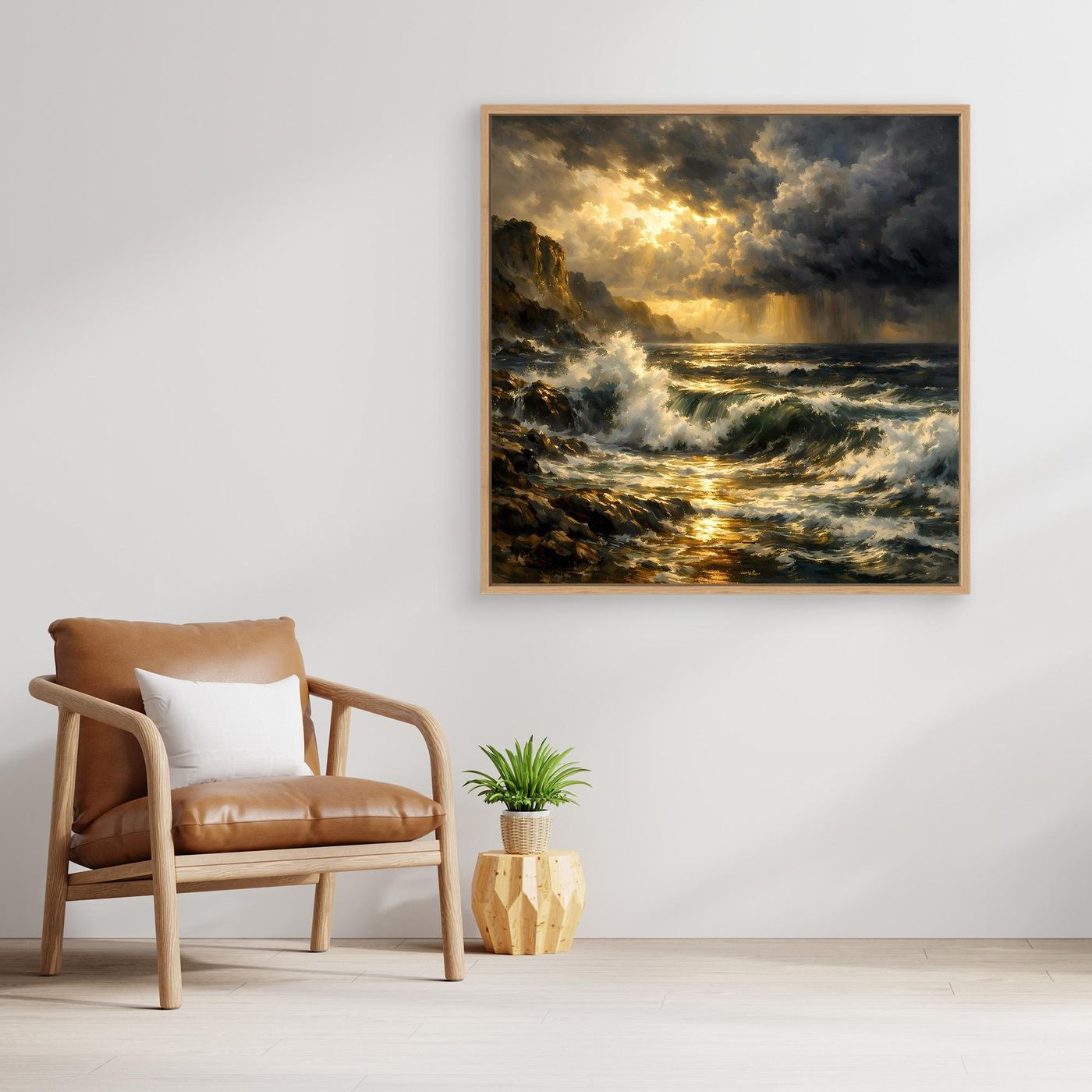 Leinwandbild mit Holzrahmen: stürmisches Meer, goldenes Sonnenlicht und schäumende Wellen.