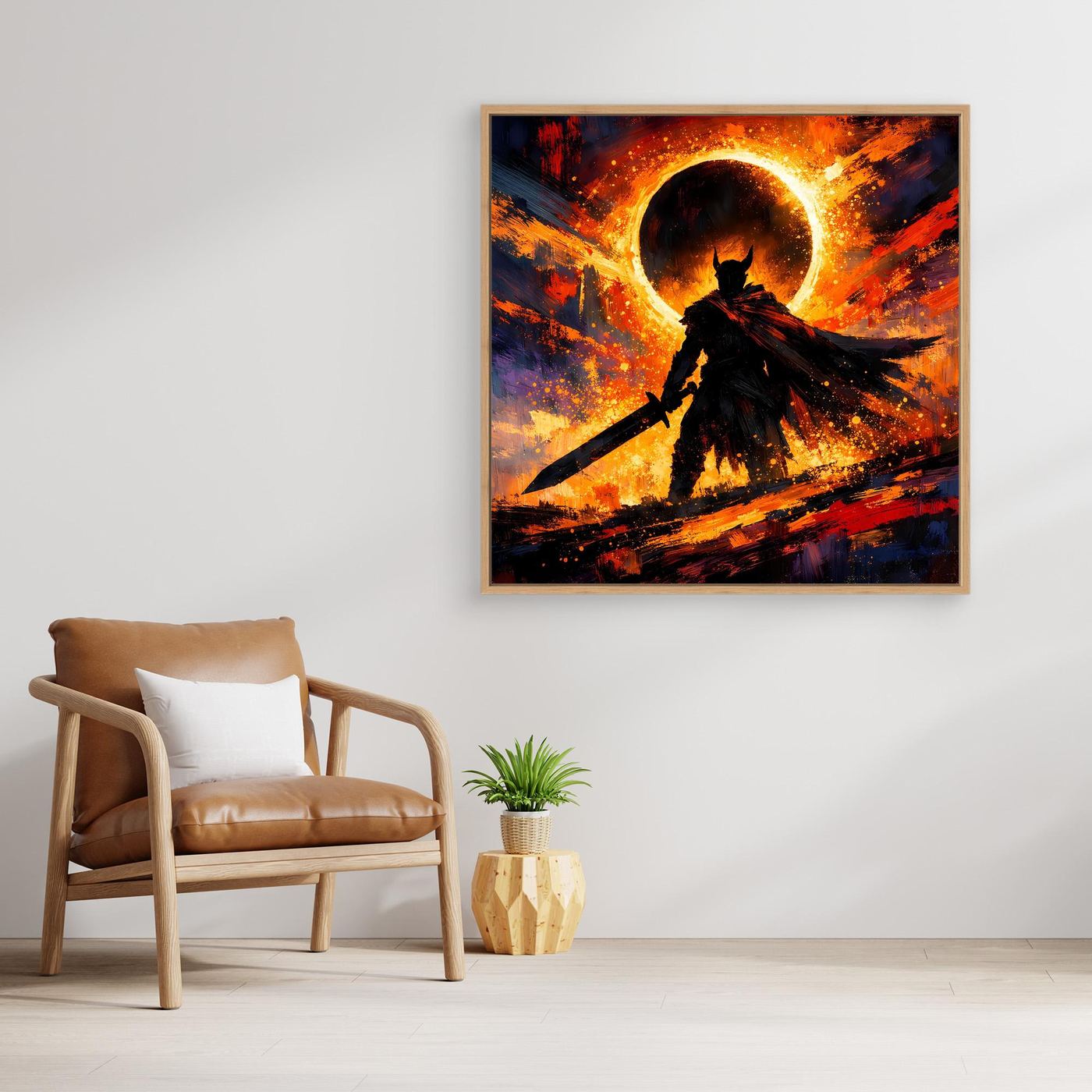 Fantasy-Leinwandbild: Ritter vor Sonnenfinsternis, gold-orange Lichtring, brauner Rahmen