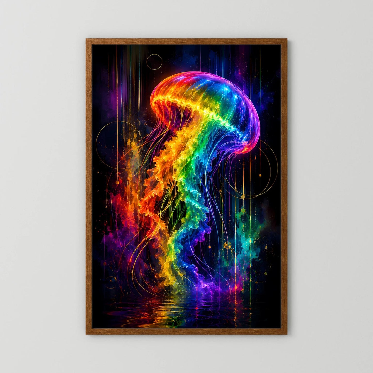 Neon-Quallen-Poster mit braunem Rahmen, farbige leuchtende Quallenillustration