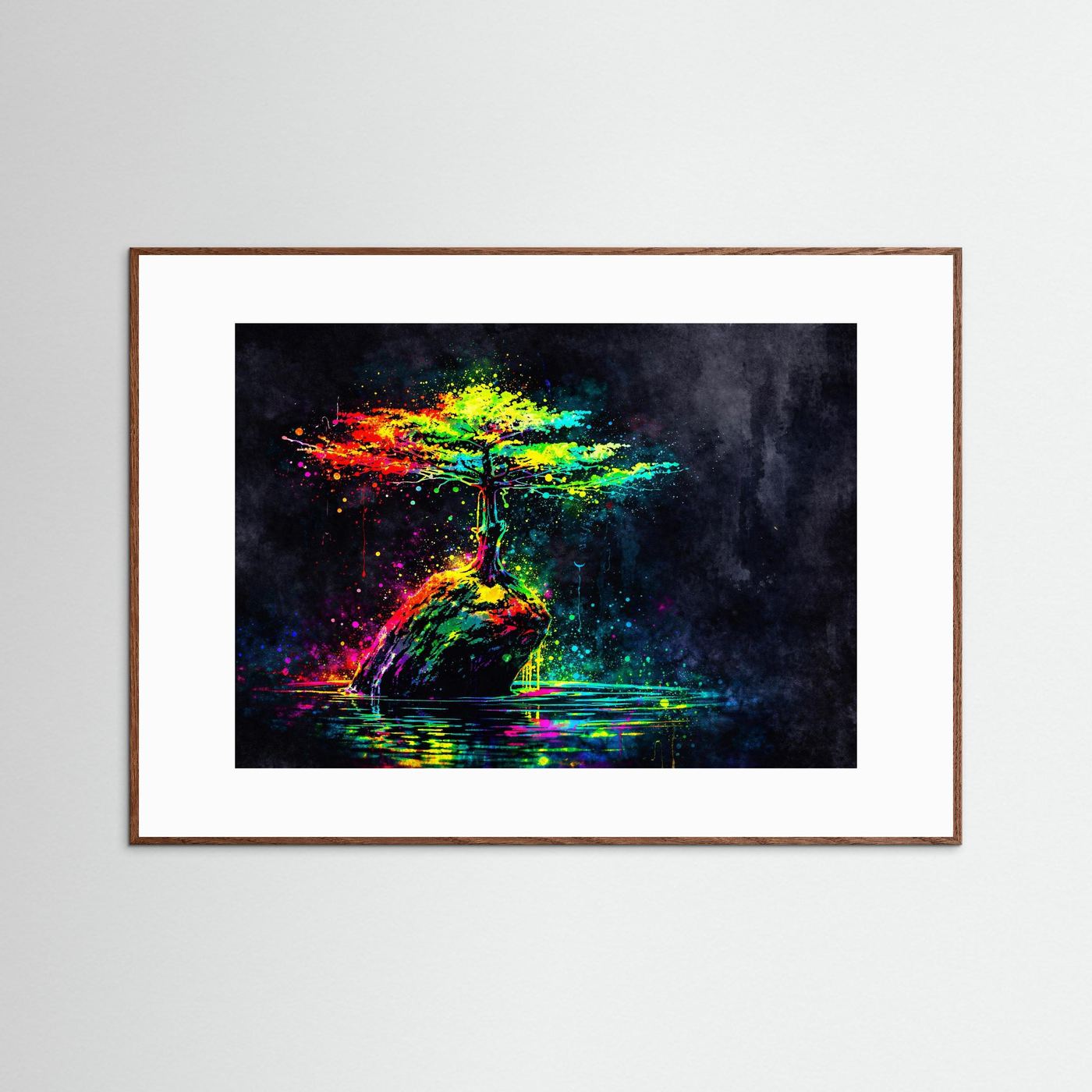 Wandbild mit abstraktem Bonsai-Baum in Neonfarben, brauner Holzrahmen