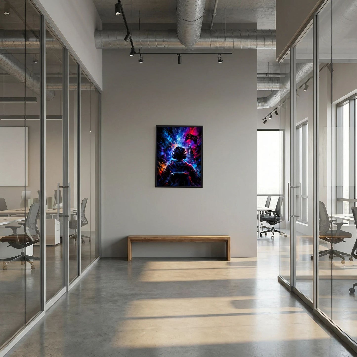 Neon-Gamer-Poster im Hochformat in Bürohalle: Headset-Silhouette, leuchtendes Farbspektrum