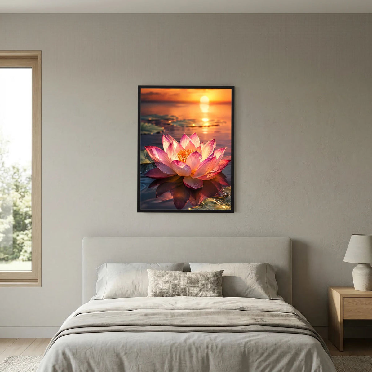 Hochformat-Poster mit rosa Lotusblüten, orange-gelber Sonne über ruhigem Wasser