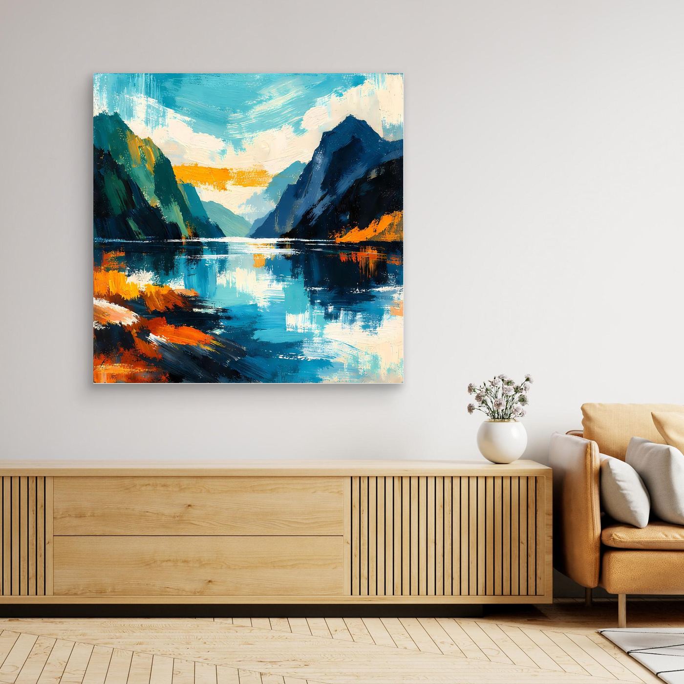 Schwarzes gerahmtes Leinwandbild mit Fjordlandschaft in Blau, Türkis und Orange